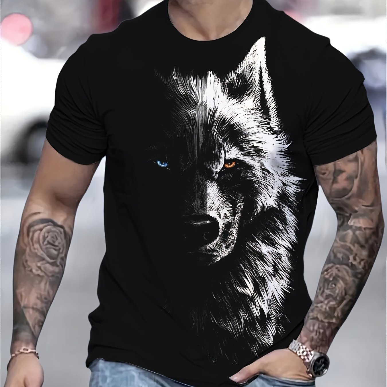 Image of Graphic T Shirts Men's T Shirts Men's Vintage Wolf Print T-shirt - 100%, Short Sleeve Crew Neck, Machine Washable - Stylish Animal , Black With White Wolf Graphic, Casual Streetwear Look, For