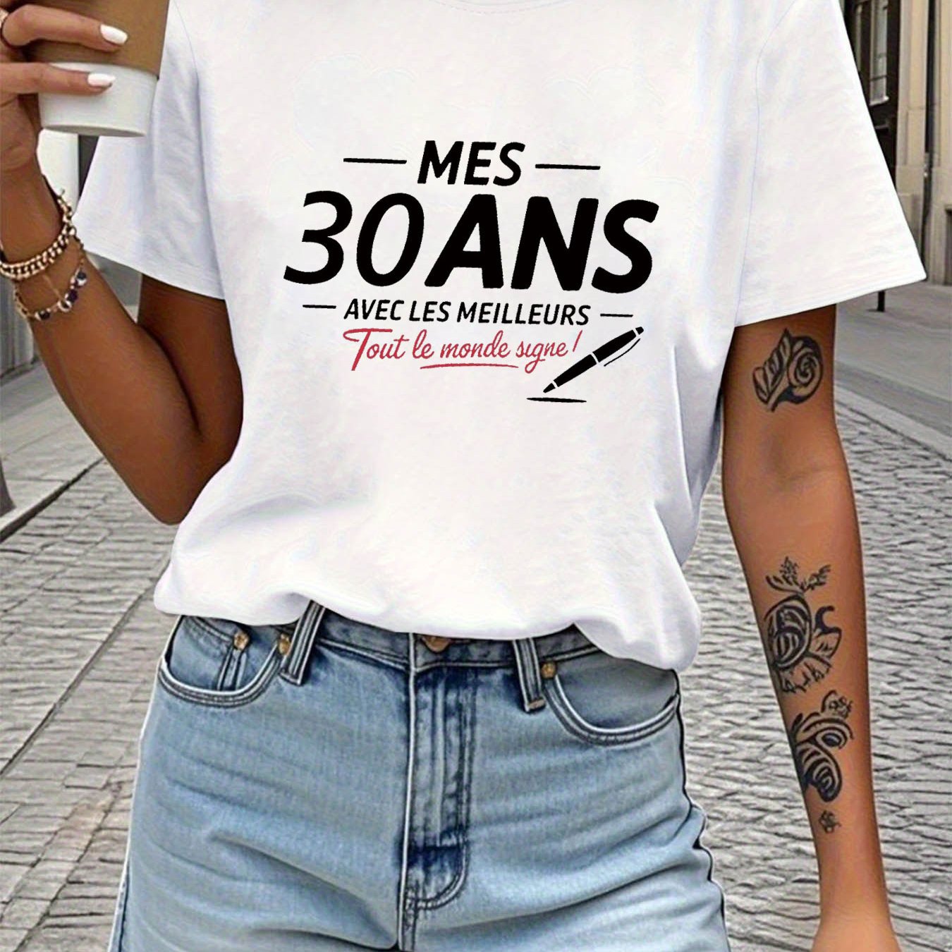 TEMU T-shirt pour femme « Mes 30 ans » en français - 30 ans avec imprimé signature, haut décontracté à manches courtes et col ras du cou compatible