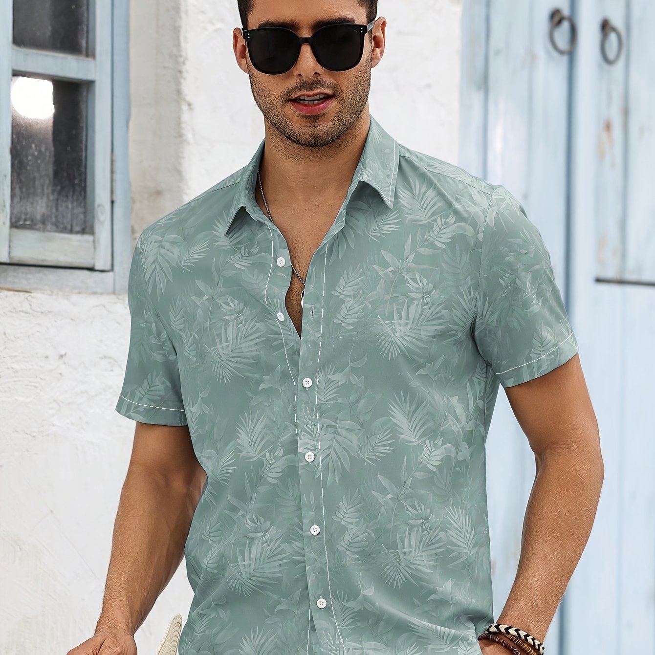 E-shop Herren Freizeit-Kurzarmhemd mit Revers leichtem Aufdruck, Frühling, Sommer Herbst, tropischer Palmblatt-Druck, geeignet für Freizeitausflüge,