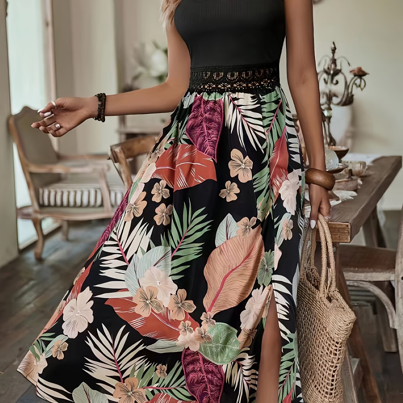 Image of Sleeveless Dress With A Stylish , Lace Waist Cinch, Side Invisible Zipper, And Slit Design