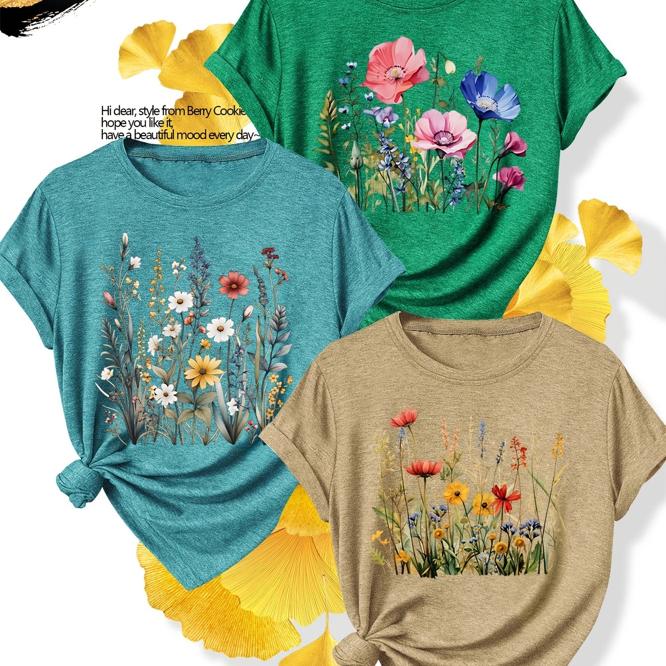 TEMU Three-pack Pastoral Print Fashionable And Elegant Women's Summer Casual Sporty Style Top, Soft And Comfortable Round Neck Short Sleeve T-shirt,