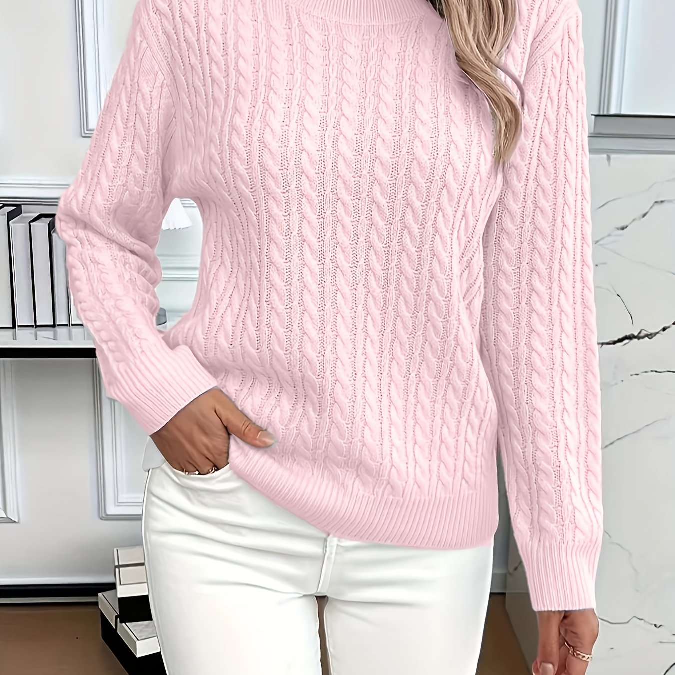 TEMU Women's Casual Loose-fit Round Neck Long Sleeve Sweater - Medium Stretch Solid Color With Ribbed Detailing, H-line Silhouette For Spring/autumn