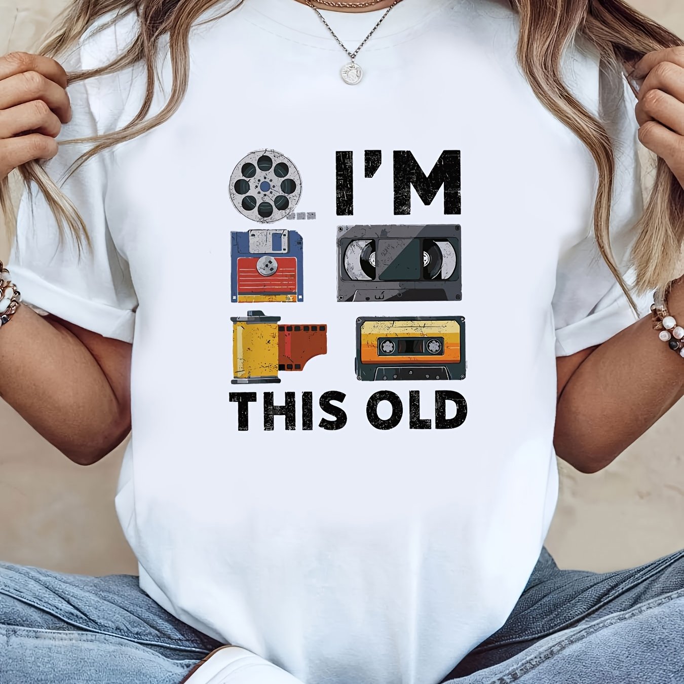 TEMU Nostalgia I Am This Old Floppy Disk & Cassette Graphic Print Women's T-shirt, Short Sleeve Crew Neck Casual Top For Summer & Spring, Women's