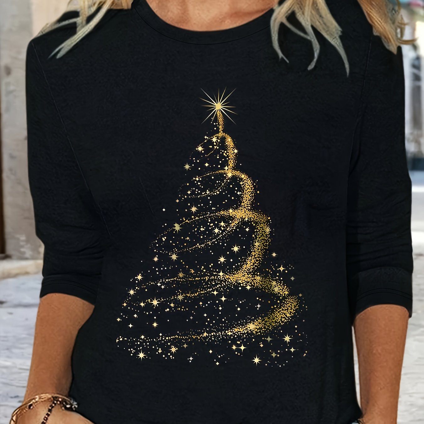Targeted Circle Print - Christmas Fall/spring New Style Positioning Print Round Neck Long Sleeve Loose Top Base T-shirt Machine Washable - Suitable For Spring/fall Daily And