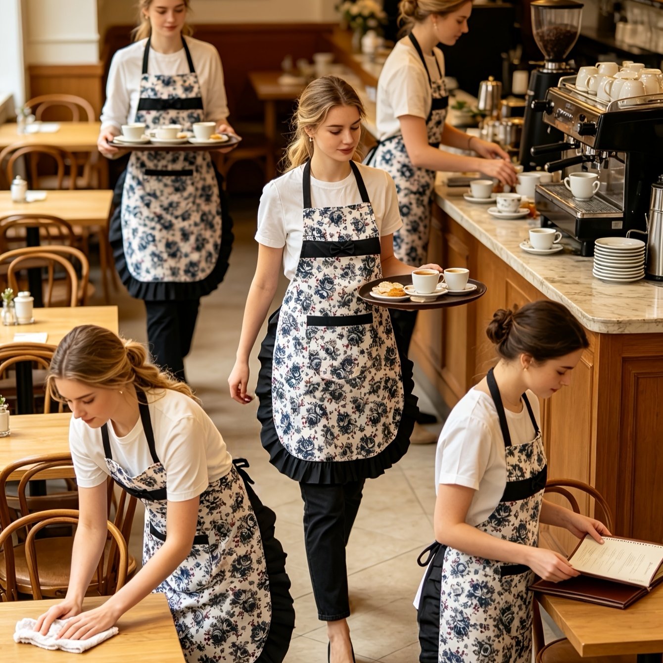 TEMU Women's 5pcs Set Pleated Lace Print Work Apron With Pockets, Style , Fashionable And Durable Workwear, Kitchen Apron, Suitable For Daily Home