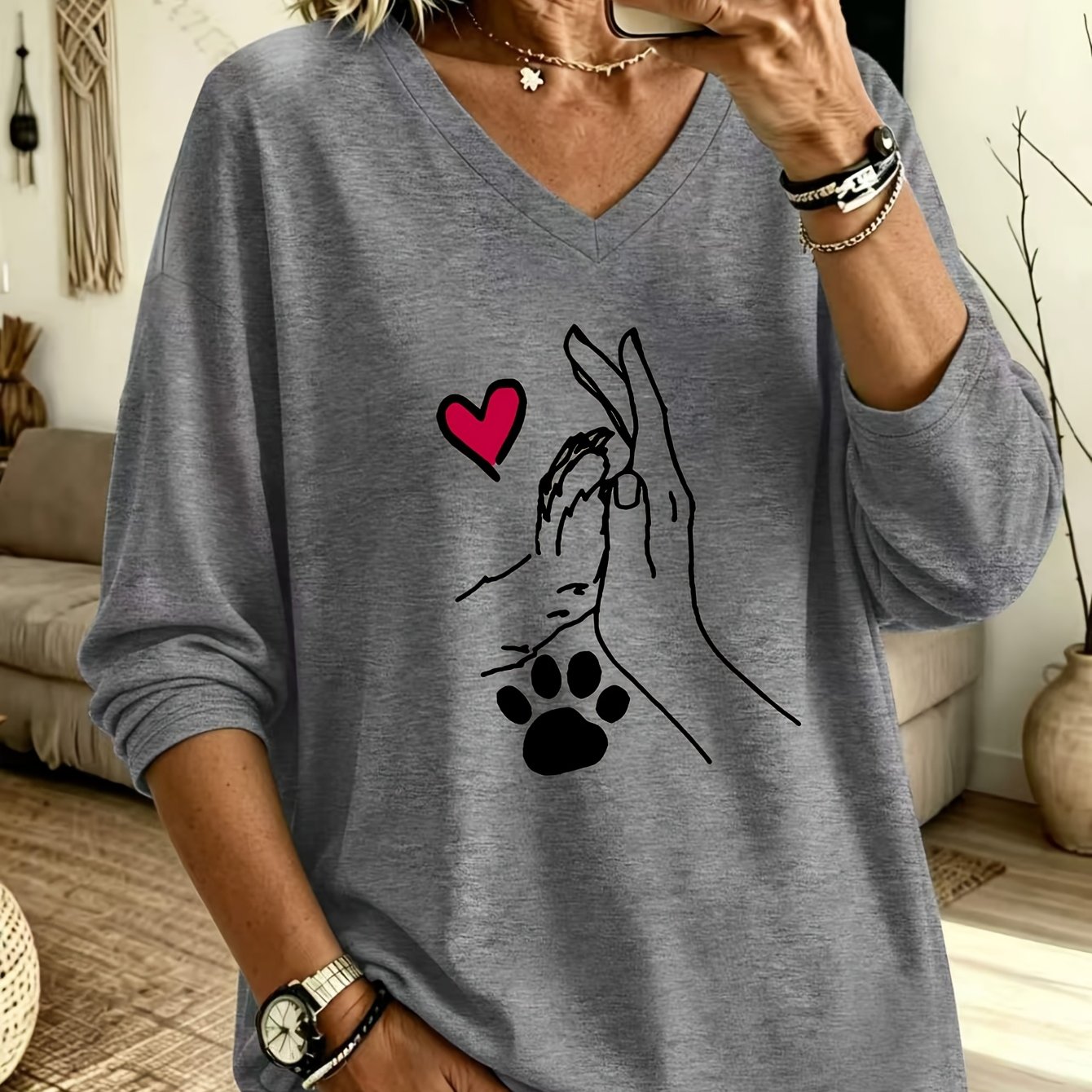 TEMU T-shirt décontracté grande taille pour femme, nouvelle mode printemps/été, à manches longues et col en V, avec imprimé « Tapisser avec un chien