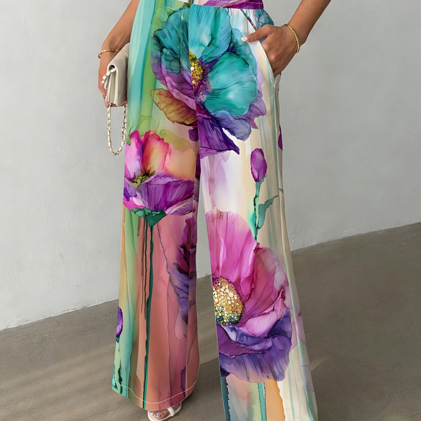 TEMU Women's Elegant Floral Printed Straight-leg Pants, Bright , Comfy To Wear, Suitable For Casual , , Office Wear And Spring Summer .
