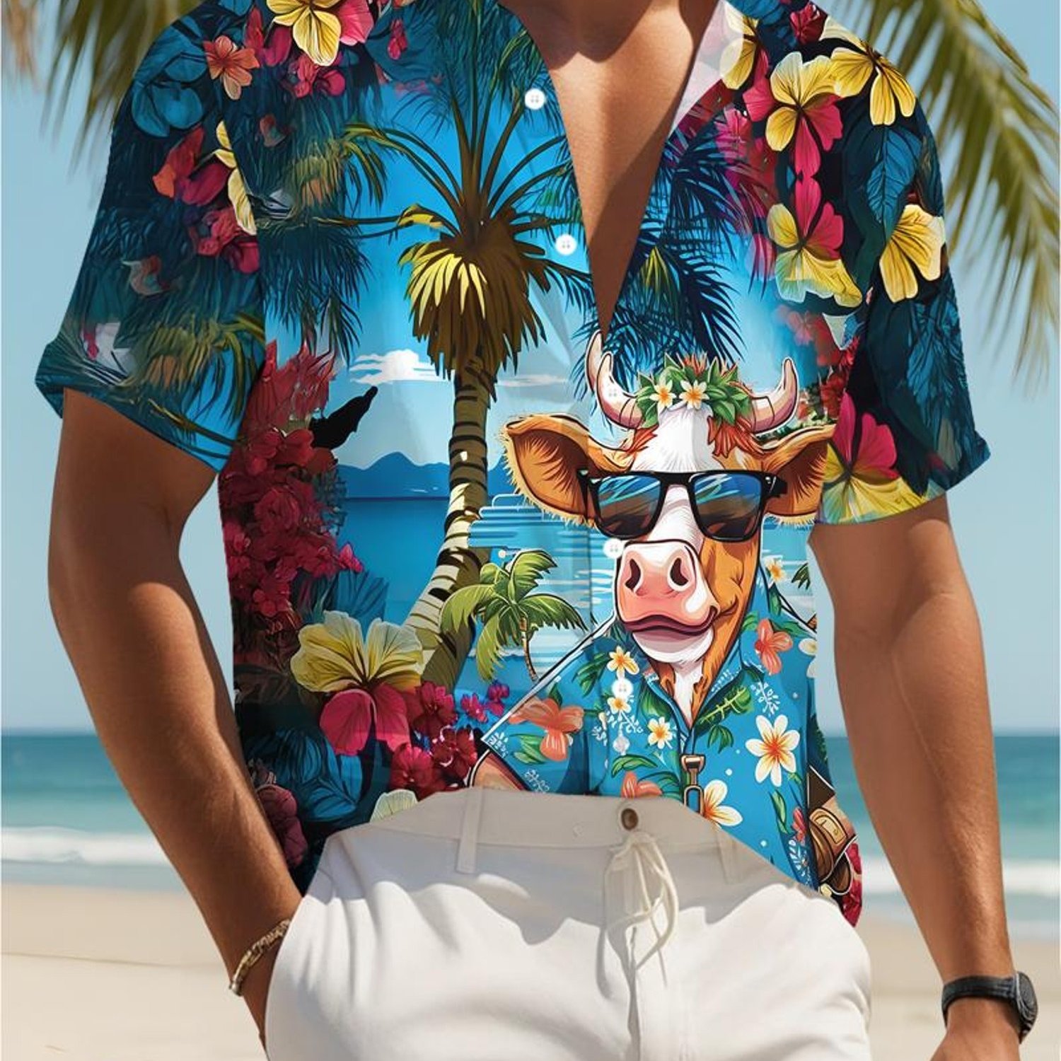 TEMU Camisa hawaiana casual para hombre, manga corta, estampado de vaca colorido, material de poliéster, varios tamaños disponibles, para vacaciones