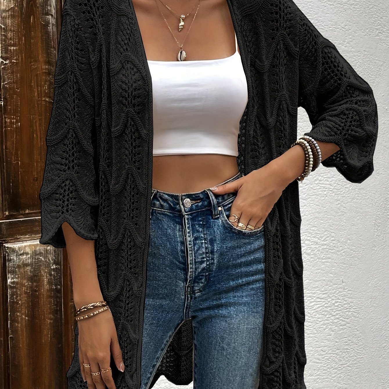 Image of Women's Cover-up Spring/summer New Beachwear Solid Color Crochet Lace Shell Cardigan Jacket (bikini Not Included)