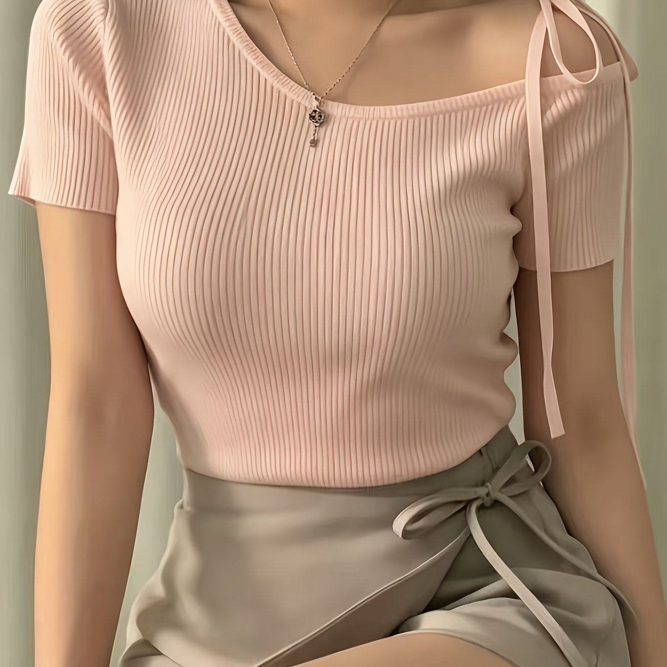 TEMU Solid Color Top, Spring And Summer Short-sleeved T-shirt, Off-shoulder Strap Design, Striped Sweater