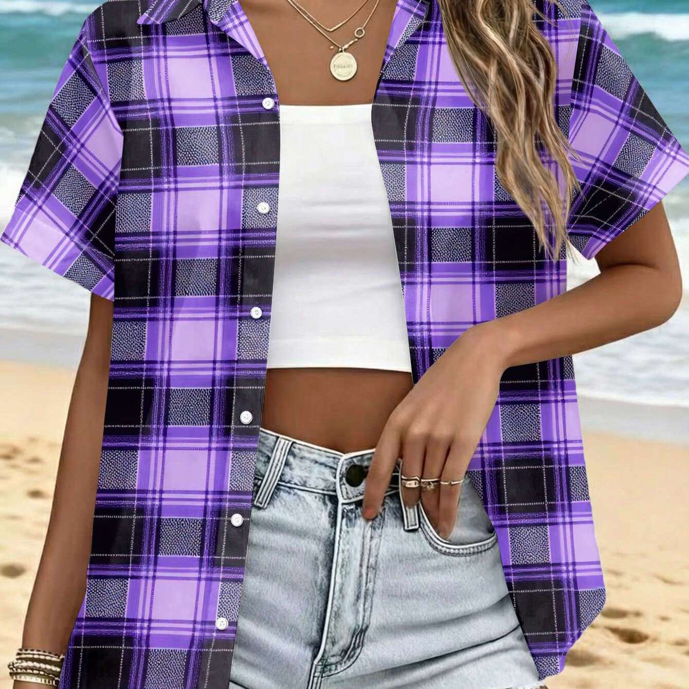 TEMU Women's Casual Short Sleeve Shirt, Purple Black Contrast Checkered Pattern, Machine Washable Women's Top, Fashion Button-up Shirt