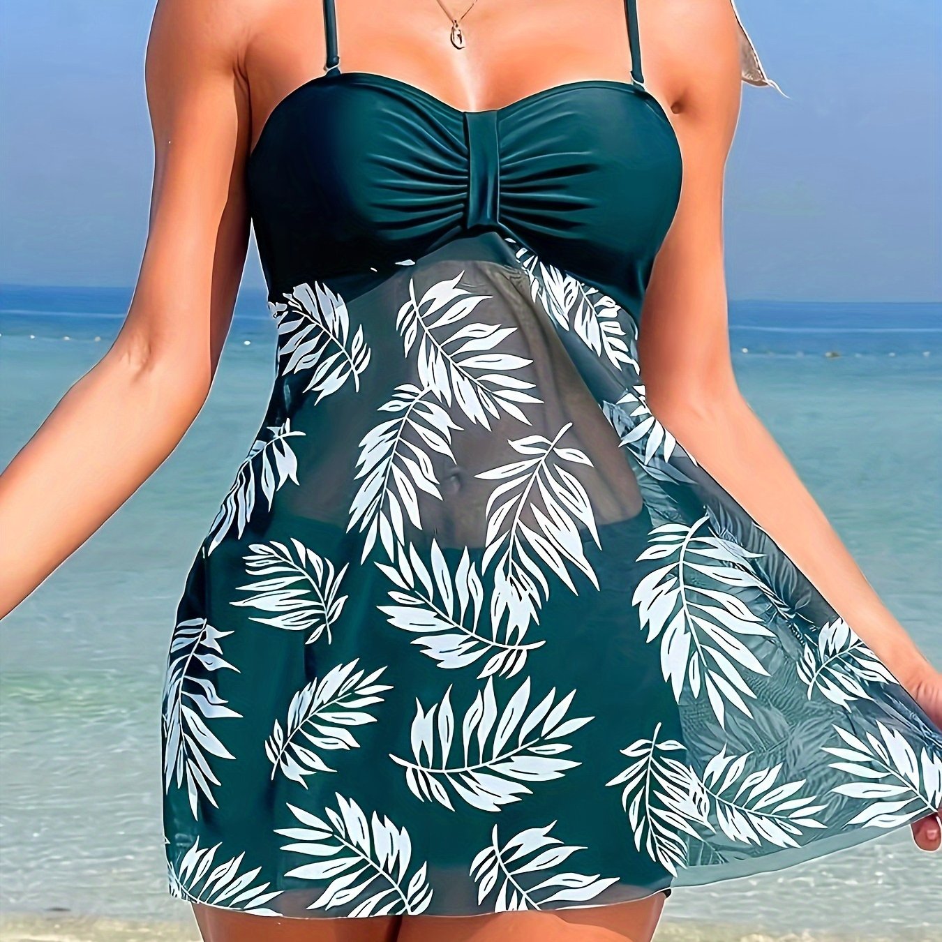 Swim Classic Tropical Print Pleated Tankini 2 Piece Swimsuit