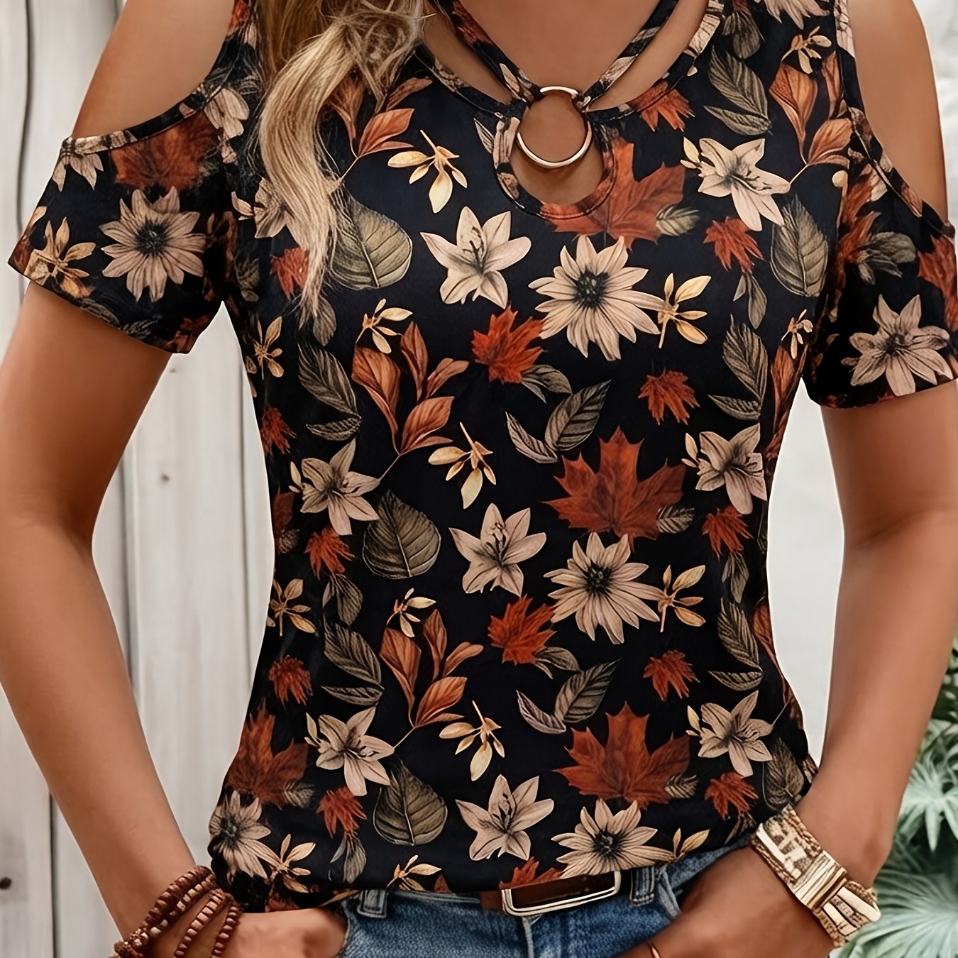 TEMU Targeted Style - Elegant And Sexy Round Ring Print Women's T-shirt