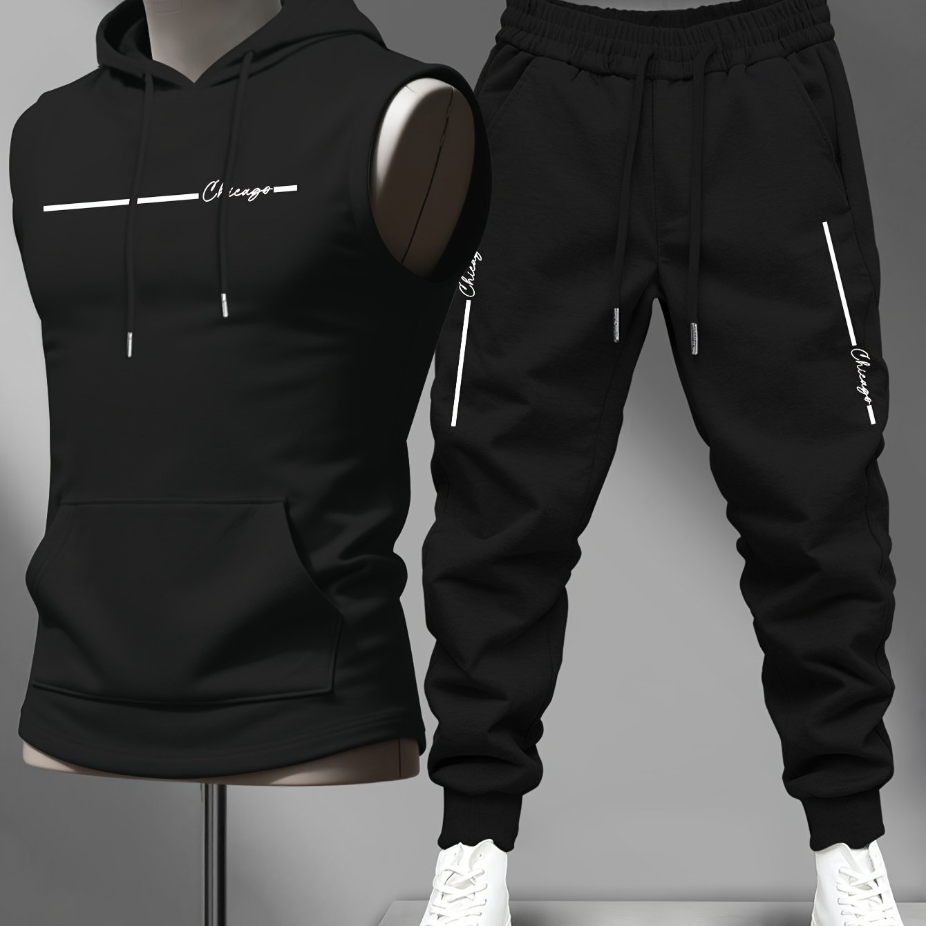 TEMU Trendy Men's Gym Vest And Pants Set - Abstract Art Letter Print Sleeveless Hooded Training Vest With Matching Print Side-decorated Athletic