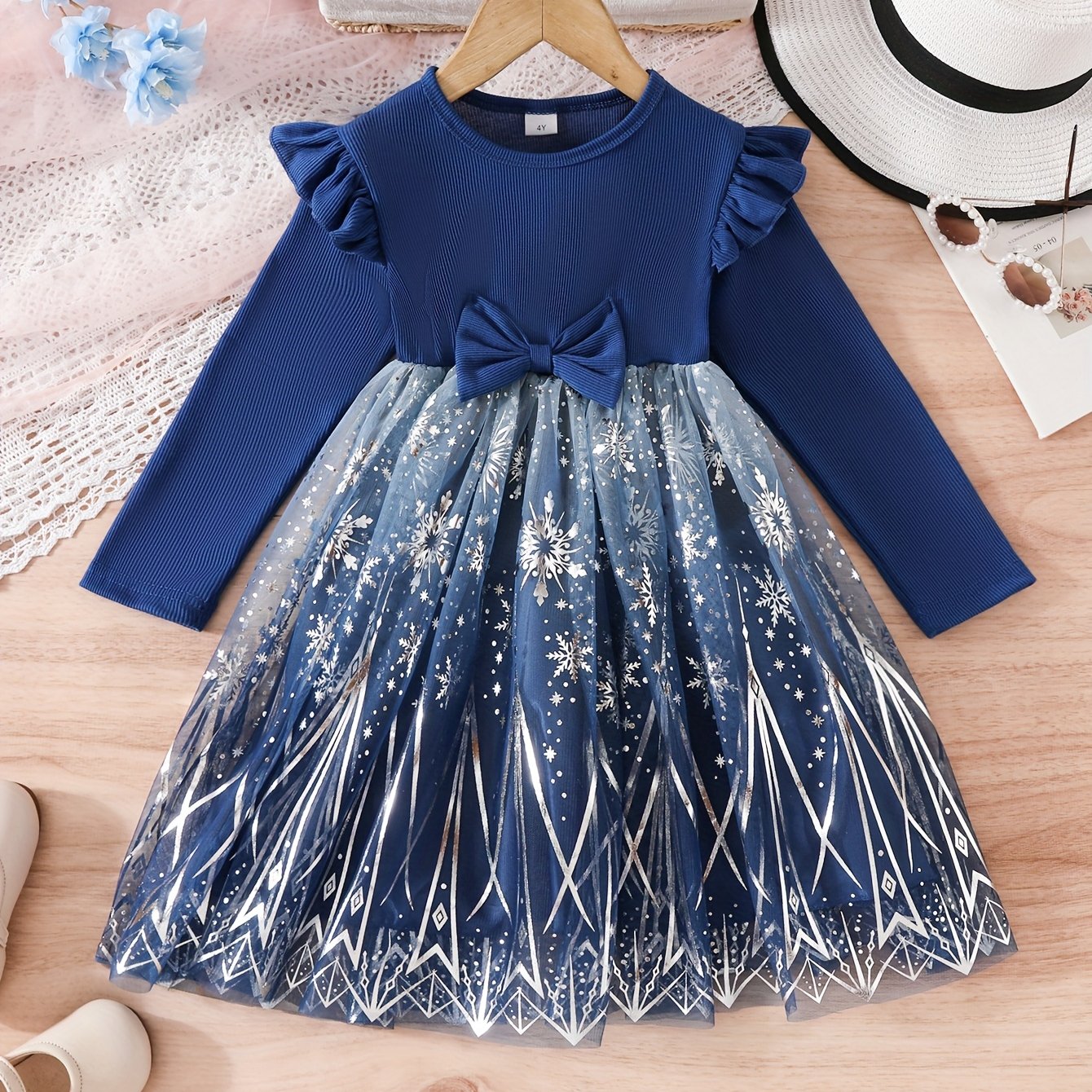 Girls' Special Occasion Dresses Pit Stripe Lace Long Sleeve Bowknot Top Blue Positioning Pattern Mesh High-end Elegant And High-end Dresses