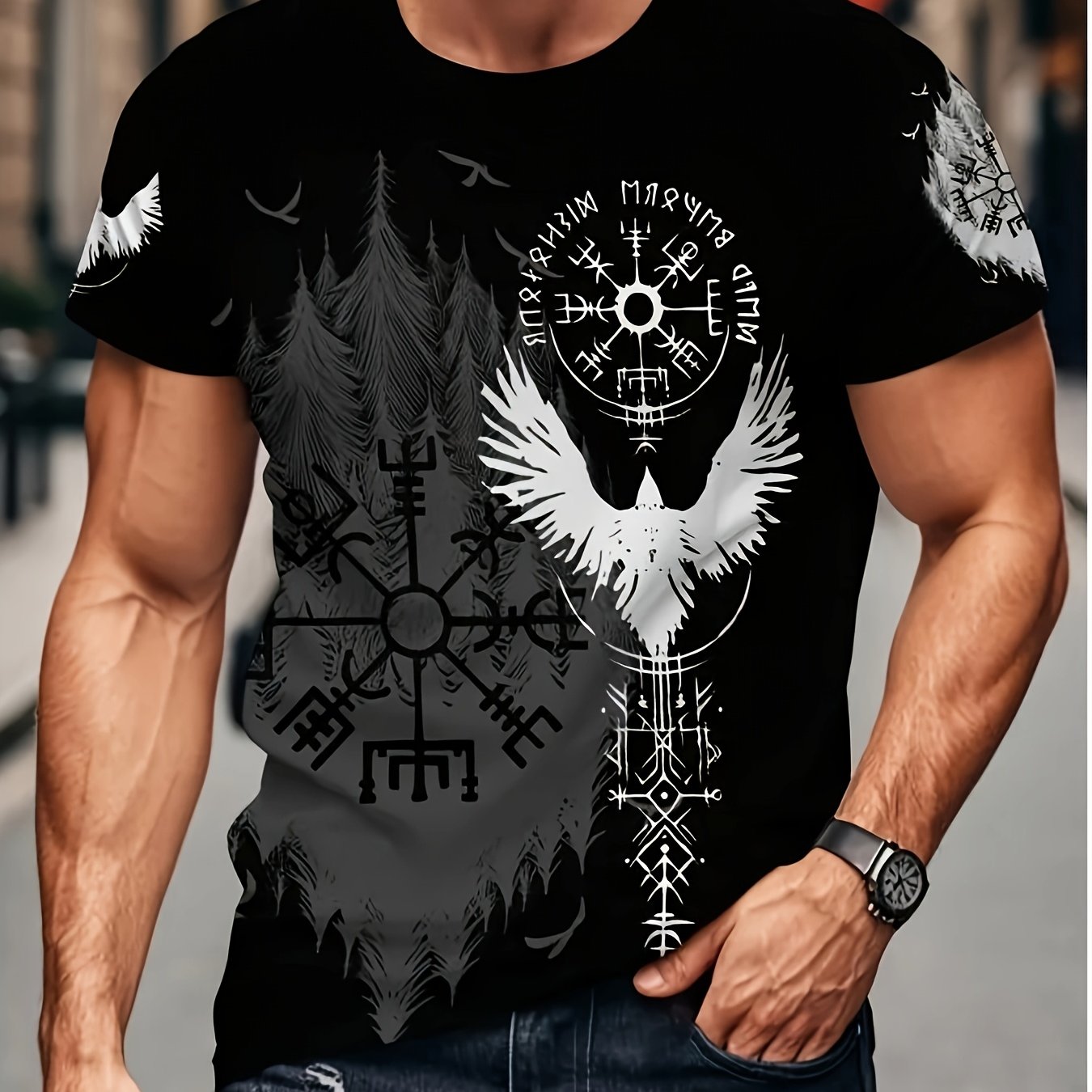 TEMU [printed Design - Not Textured] Men's Fashion T-shirt Black Viking Men's T-shirt With And Nordic Style, Summer Casual Fashion Thin Breathable