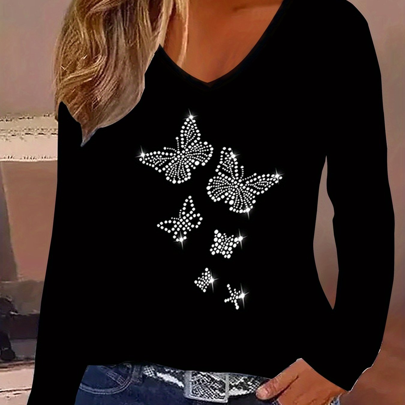 Image of Elegant Women's Long-sleeve Shiny Rhinestone Top, Fashionable Women's Tee With Sweetheart Neckline