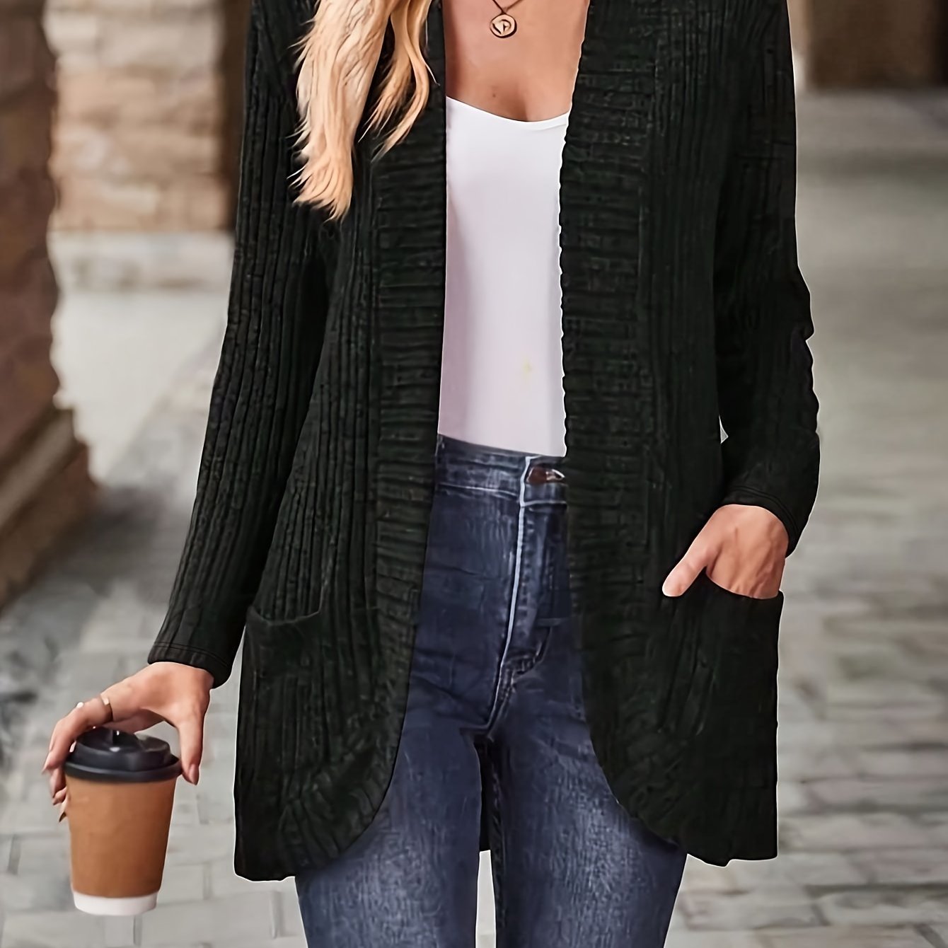 E-shop Plus Size, Europäische Amerikanische Plus Size Damen Strickjacke in Unifarben mit Langarm