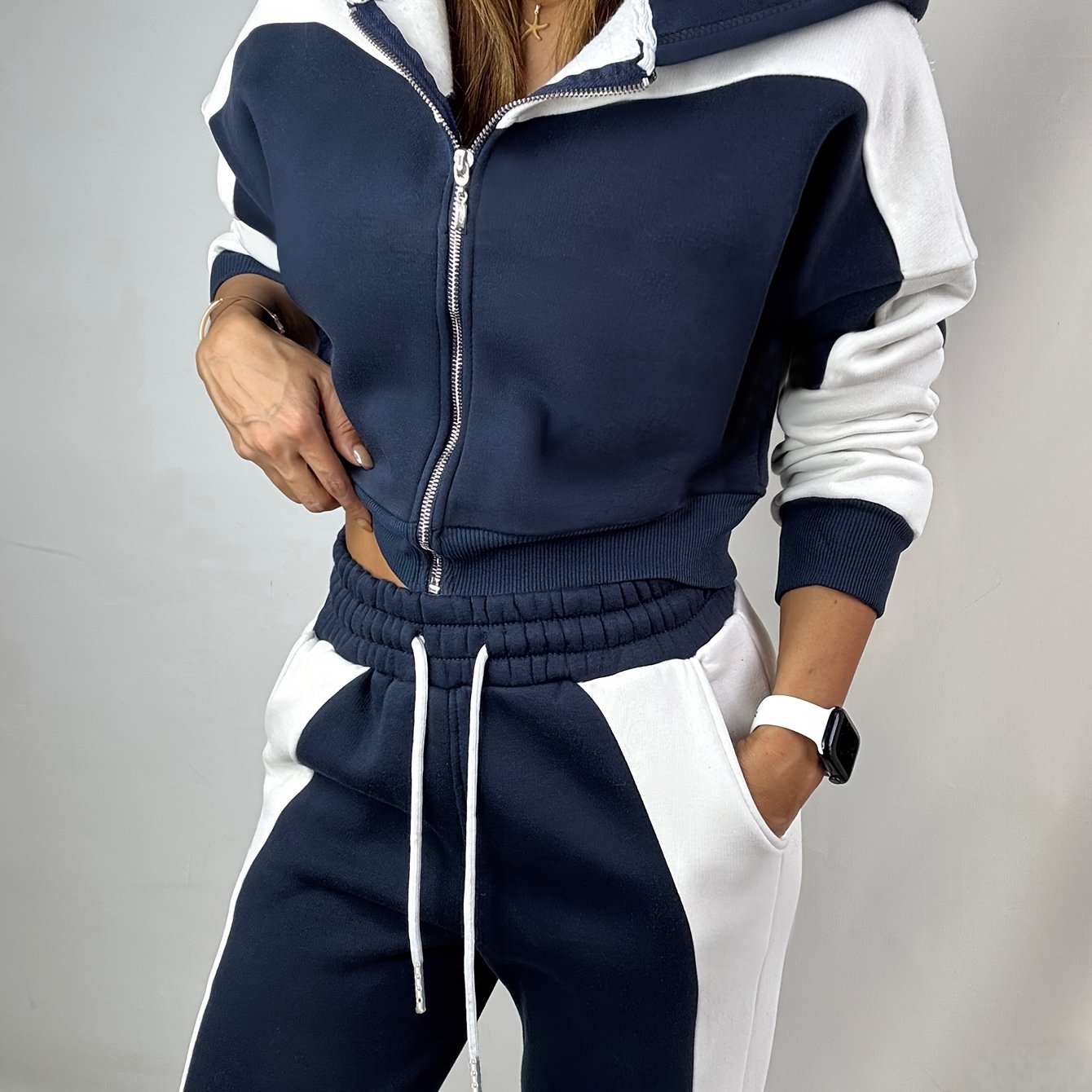 TEMU Women's American-style Navy Blue Contrast Color Spliced Swear Set, Short Hooded Zip-up Cardigan With Elastic Waist Casual Long Pants, 2pcs Set