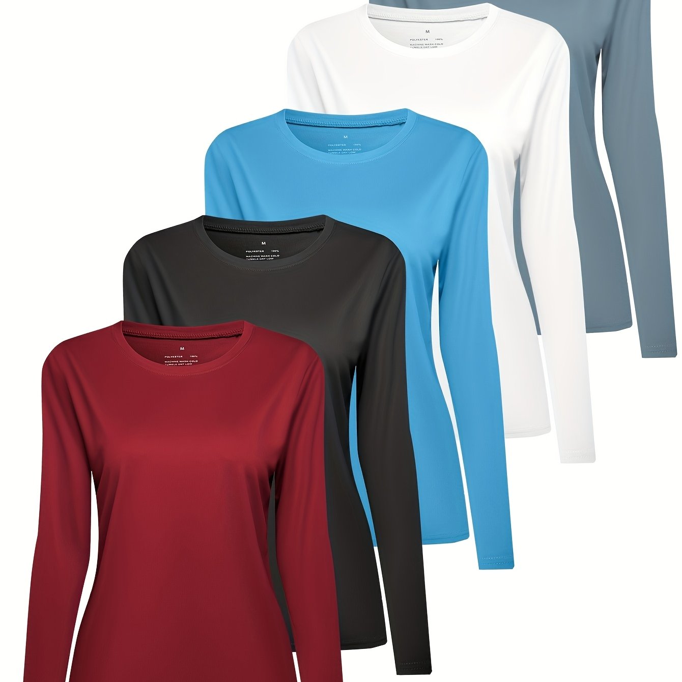 TEMU 5pcs Telaleo Women's Long Sleeved Round Neck T-shirt | Casual Solid Color Top, Fine Bead Fabric, Suitable For And Outdoor