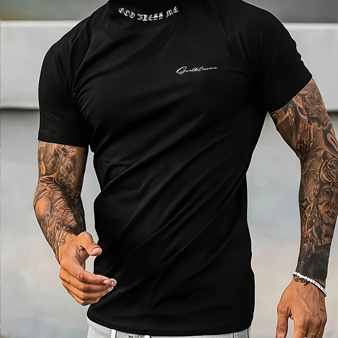 Image of Men's Short-sleeve T-shirt With A Low Neckline, Featuring Letter Prints, Suitable For Casual And Holidays. Made Of 100% Polyester, Machine Washable Dry . T239