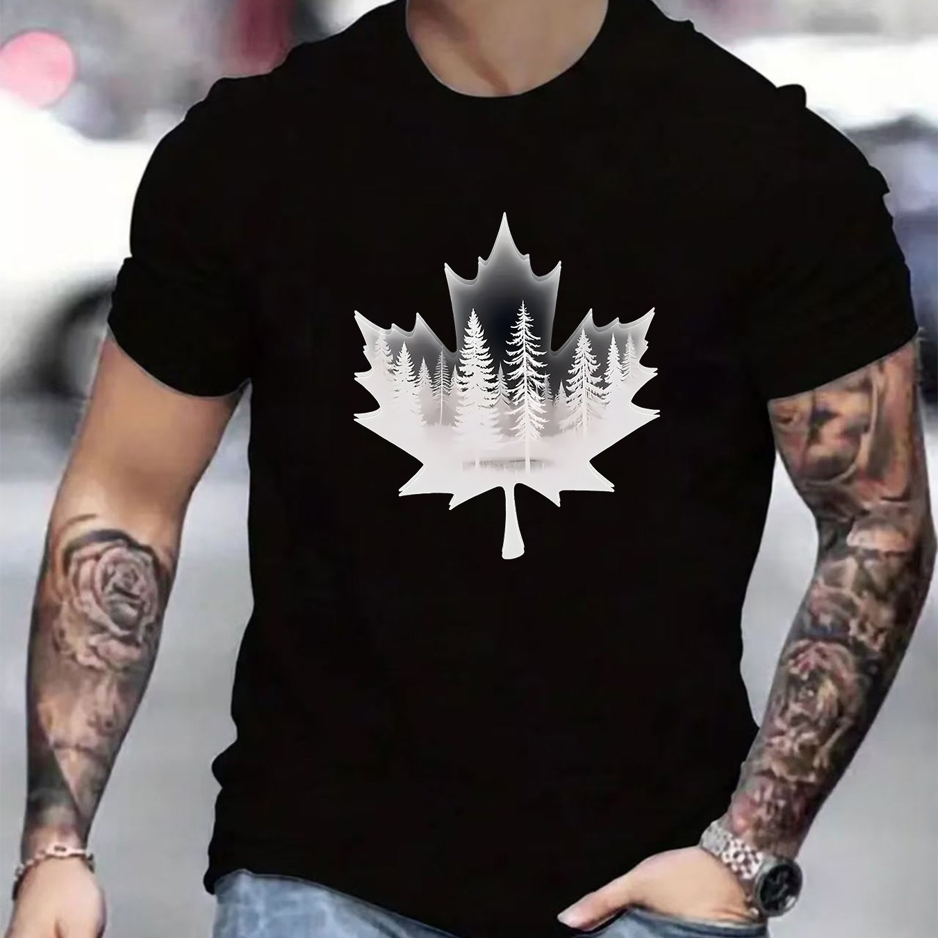 TEMU Product [niu Wang ] Summer 's Round Neck Short Sleeve T-shirt, Printed With Maple Leaf Forest Pattern, Soft Comfortable Breathable , High Cost