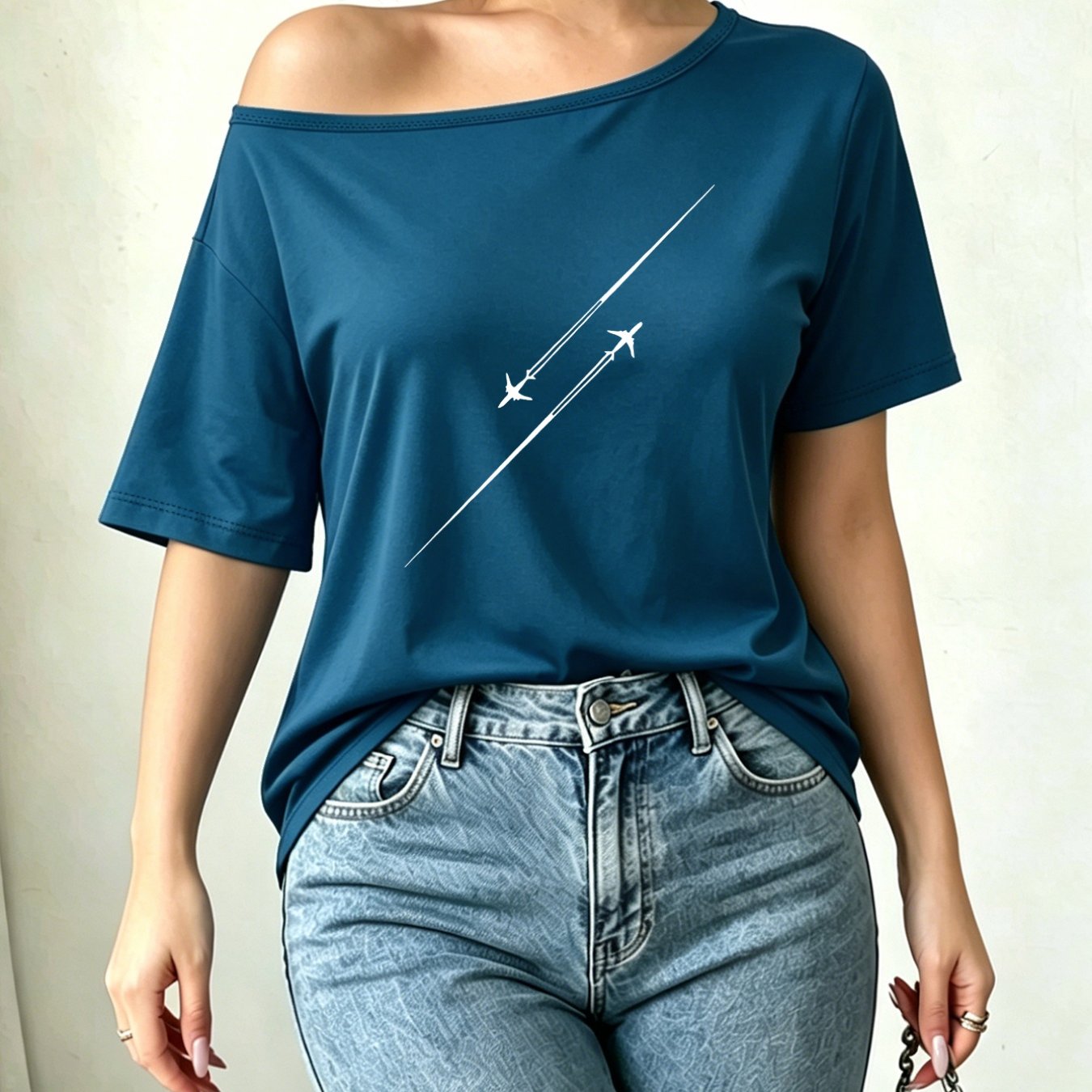 TEMU Women's Fashion Versatile Off-shoulder One-shoulder Slouchy T-shirt With Creative Artistic Pattern, Machine Washable Spring Summer New Short
