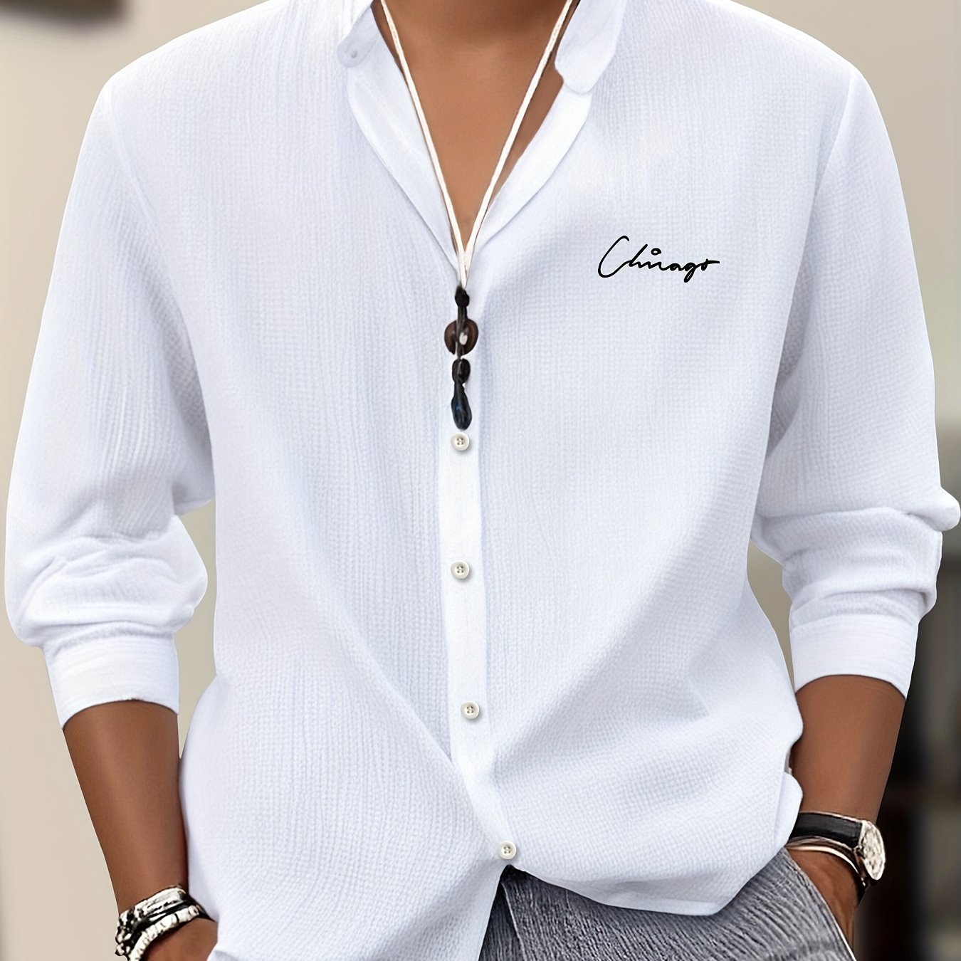 TEMU Men's Stand Collar Long Sleeve Shirt - Classic Button-up Formal And Casual Business Top | Machine Washable Office And Casual Shirt, Suitable For