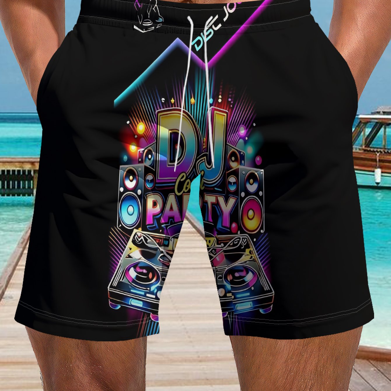 TEMU Black Shorts Featuring A Colorful Dj , Including Elements Such As Speakers And Turntables