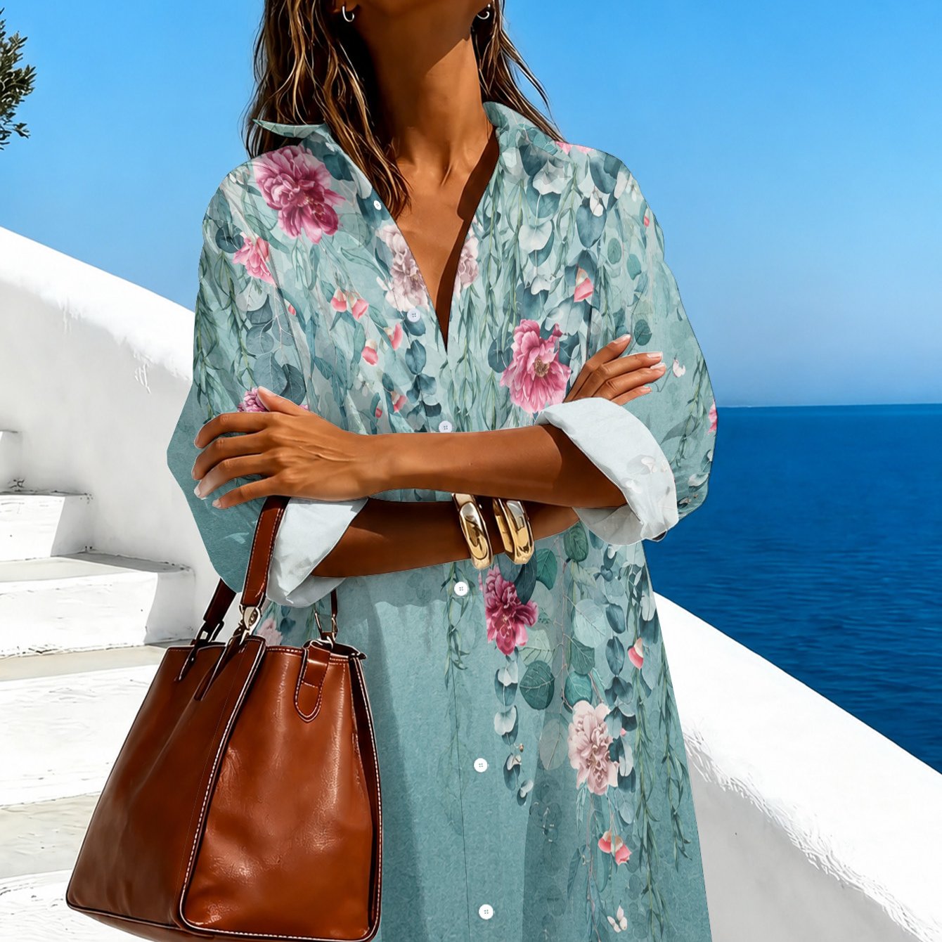 TEMU Plus Size - [printed Design - Not Textured] Plus Size Mm Lapel Shirt Long Shirt Loose Tummy-covering Draped Pink Leaf Printed Long Sleeve Long