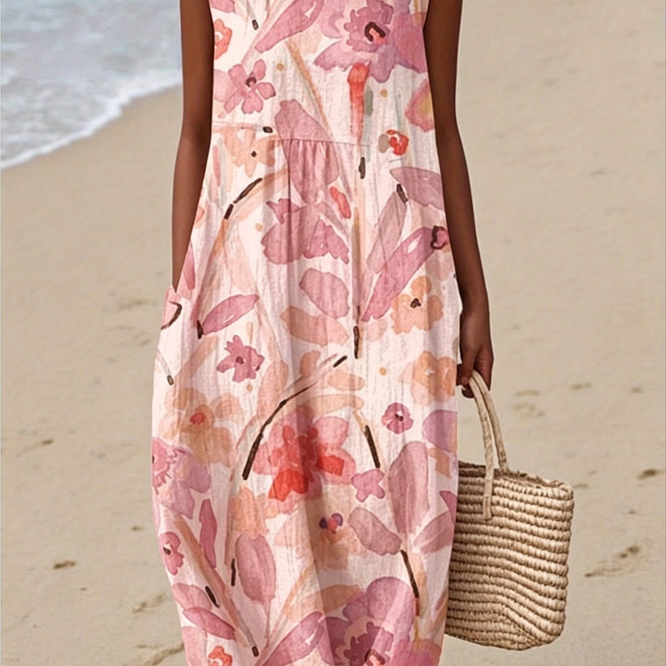 Image of Size Adopts A Bright Printed Dress, And Round Neck Sleeveless Loose Medium And Long Vest Skirt In Summer Has A Soft Style, And Light. A Must-have Item For Beach Vacations And A Perfect Gift ., 2d Flat