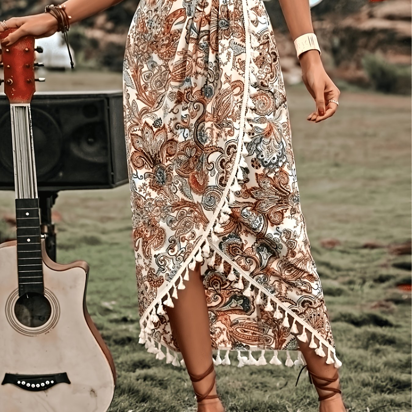 TEMU Ak260309035 Floral Print Fringe Trim Wrap Hem Maxi Dress For Women, Autumn Vacation Beachwear
