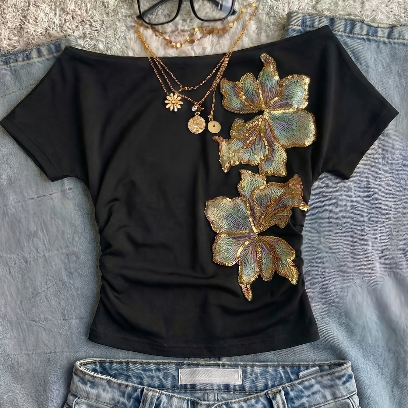 TEMU Women's Comfortable Beaded Floral Off-the-shoulder Slant Shoulder Top, Casual Simple Short Sleeve T-shirt, Suitable For Street Style, Fashion,