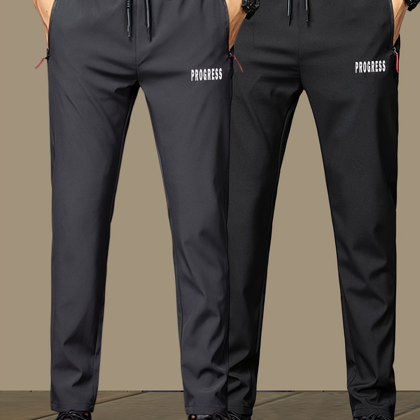 2pcs Men's Pants With Zippered Pockets, Fashion Drawstring Long Pants For Daily Casual Outdoor Hiking, Gift For Men