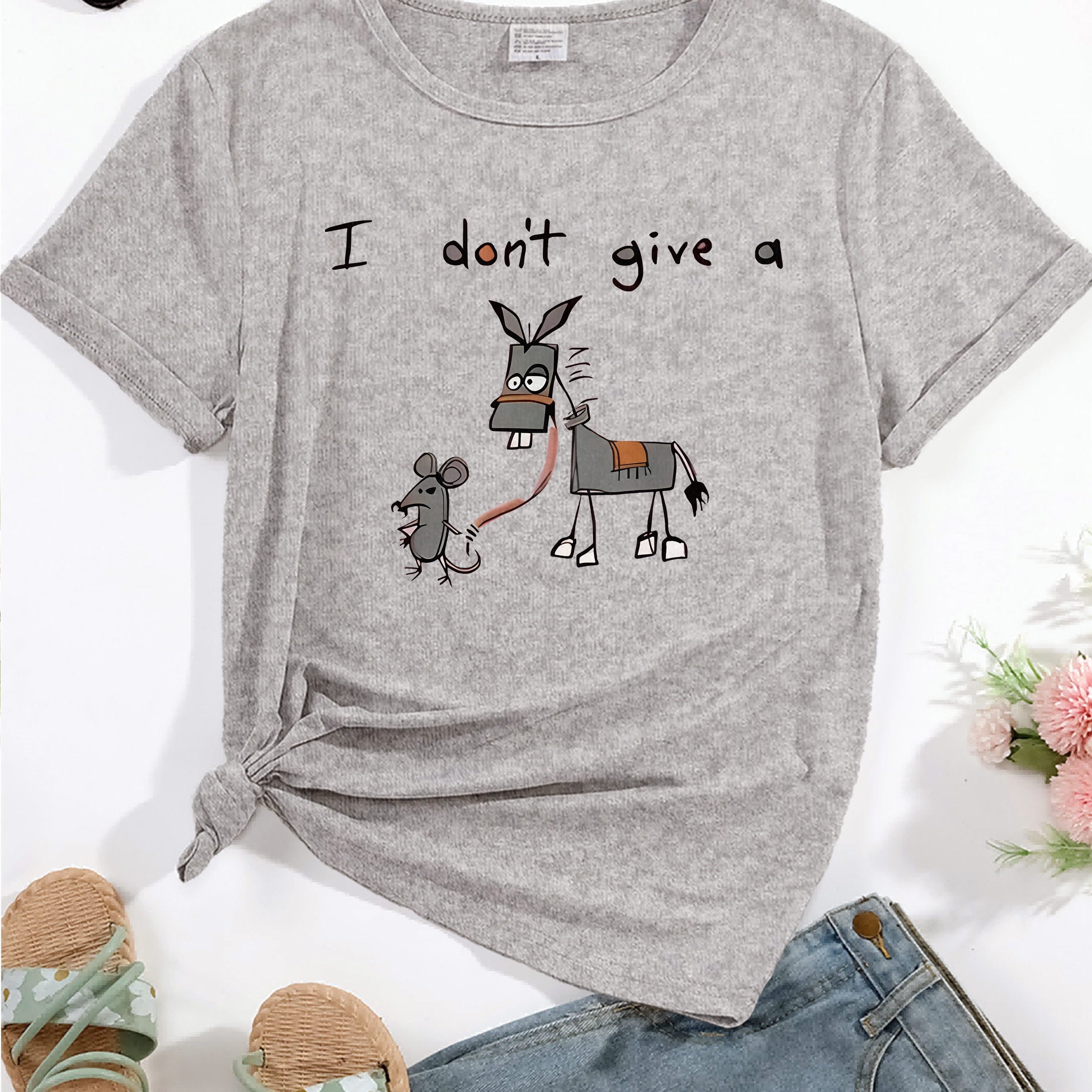 TEMU Funny Cartoon & Slogan Print Comfy T-shirt, Short Sleeve Stretchy Sports Tee, Women's Activewear