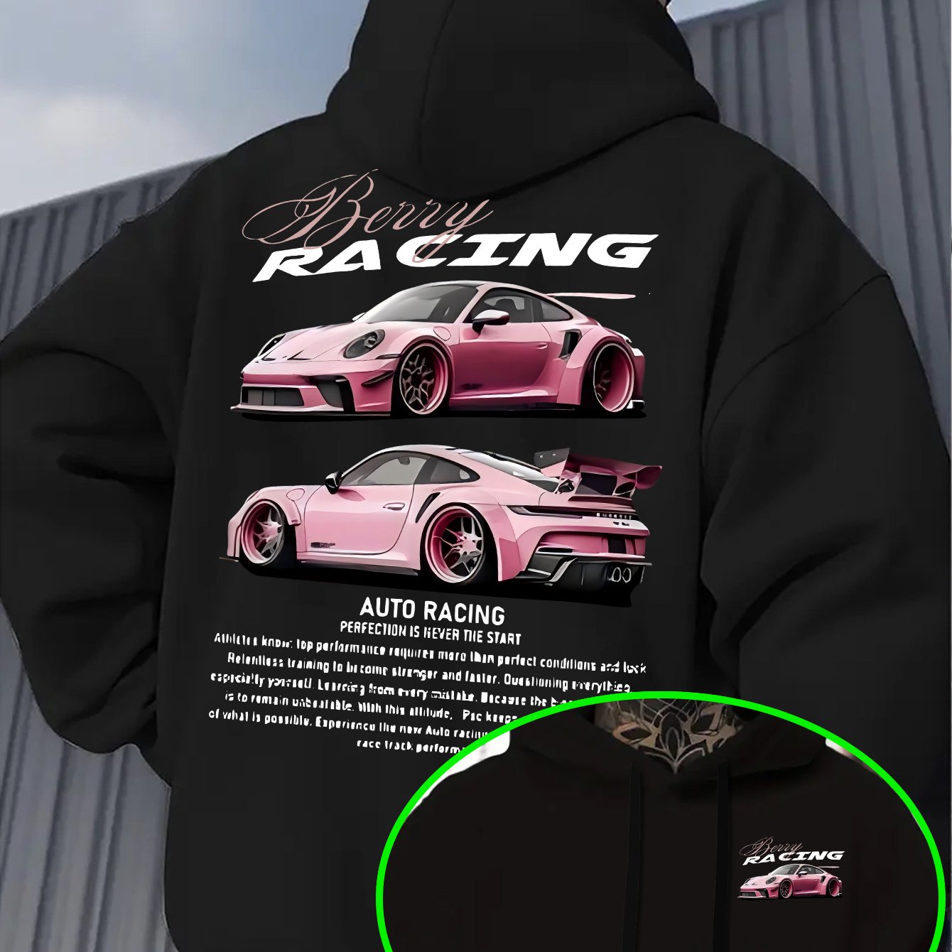 Image of Men's Autumn Winter - Lined Hooded Sweatshirt - "berry Racing" Graphic Front And Back Print Street Style Pullover, Kangaroo Loose Fit With Drawstring Hood, Soft Fabric Suitable For Layering