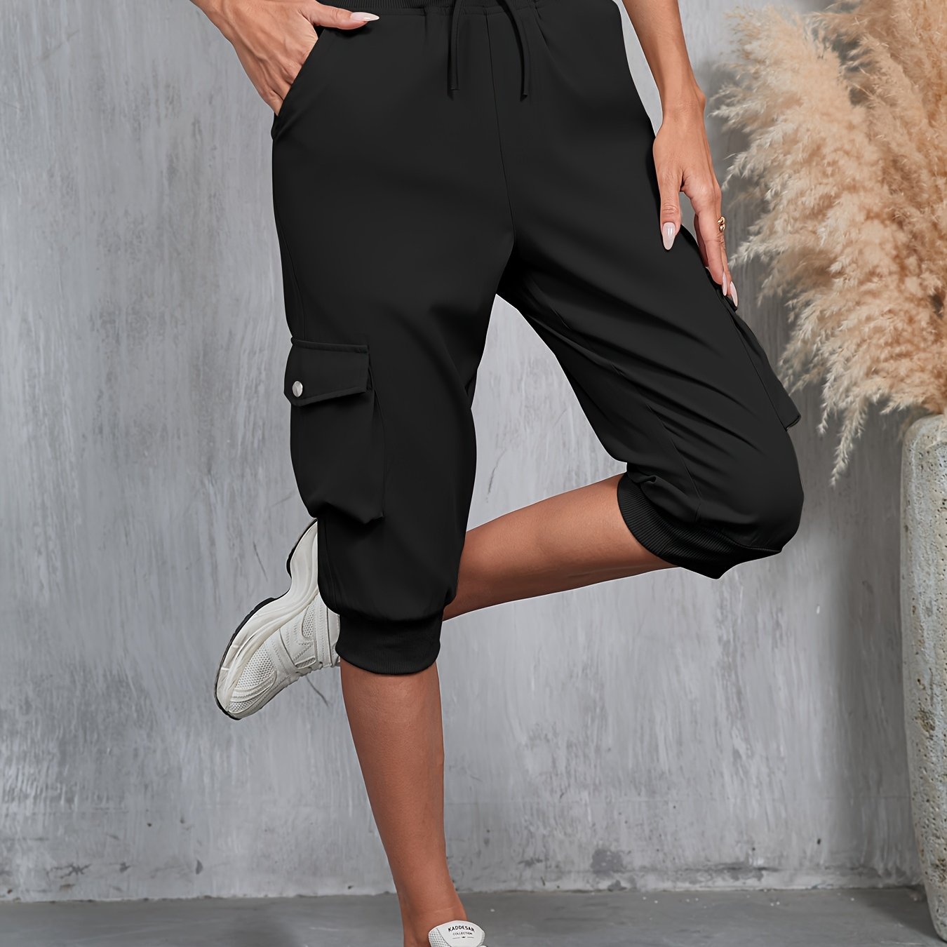 2025 Summer Women's European And Style Workwear Capri Pants With Pockets And Elastic Waistband, Fashionable And Trendy Casual Wear