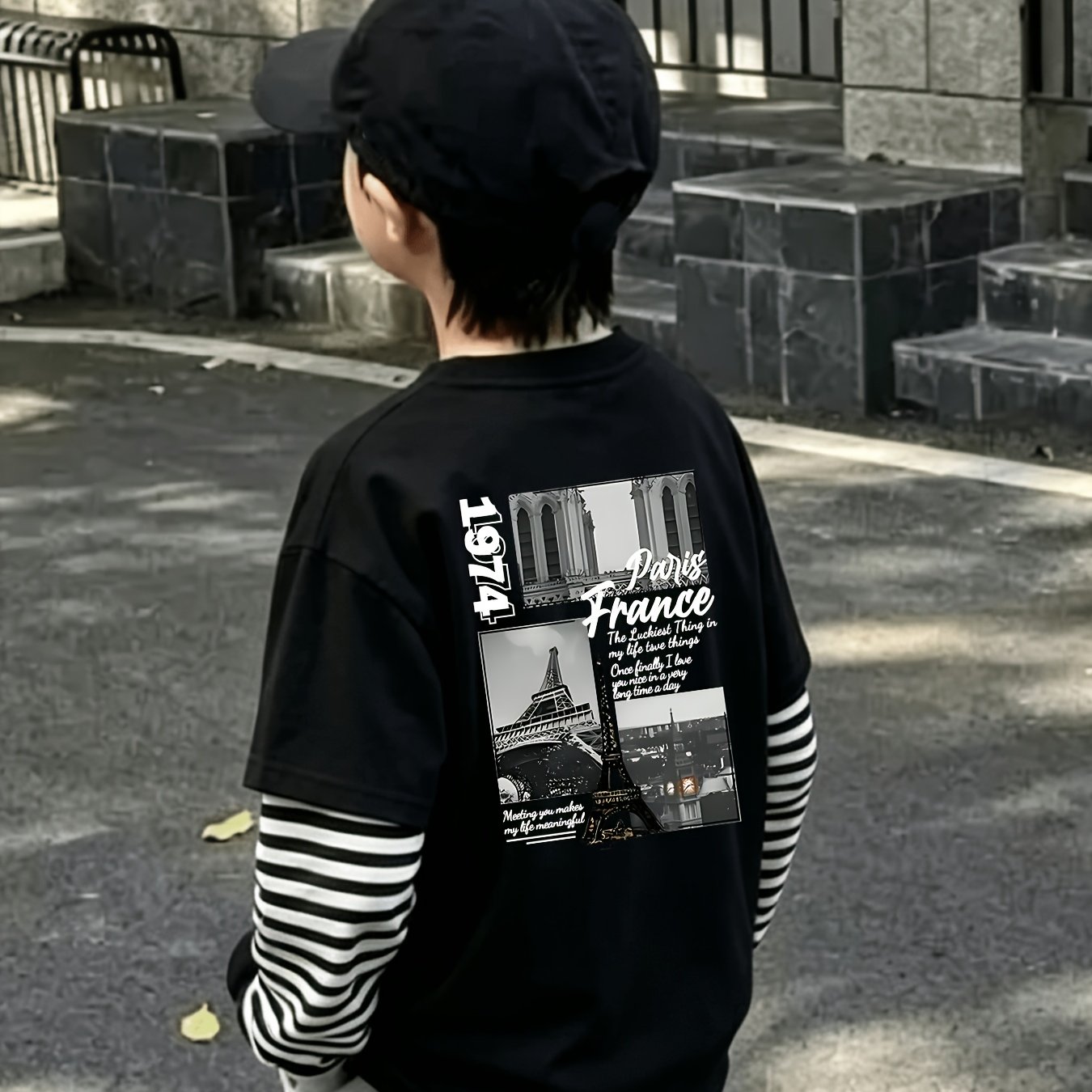 TEMU Boys' 2-in-1 Look Black And White Striped Top - Boys' Medium/large Size Fashionable Spliced Black And White Striped 2-in-1 Look Versatile And