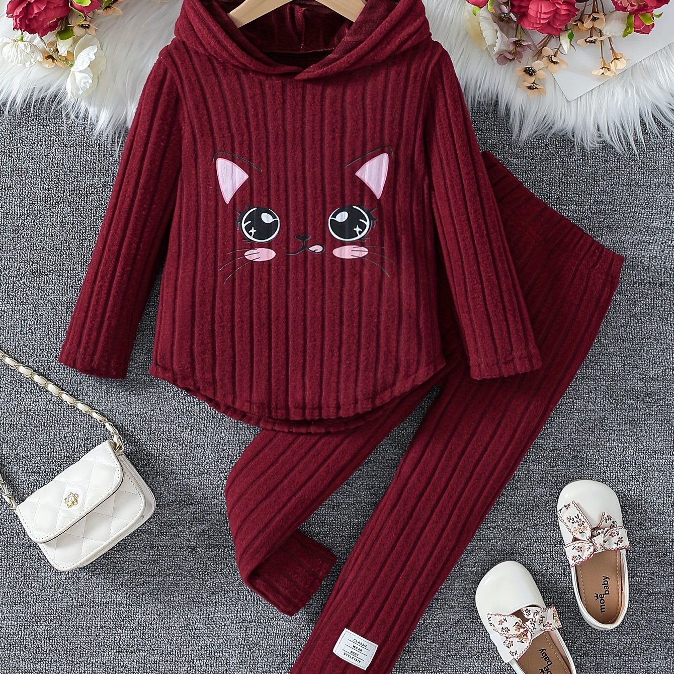 Soft And Comfortable Set, Cat Pattern Print Hooded Long-sleeved Top And Easy Casual Pants, Spring And Autumn Clothing Gift, For Outdoor