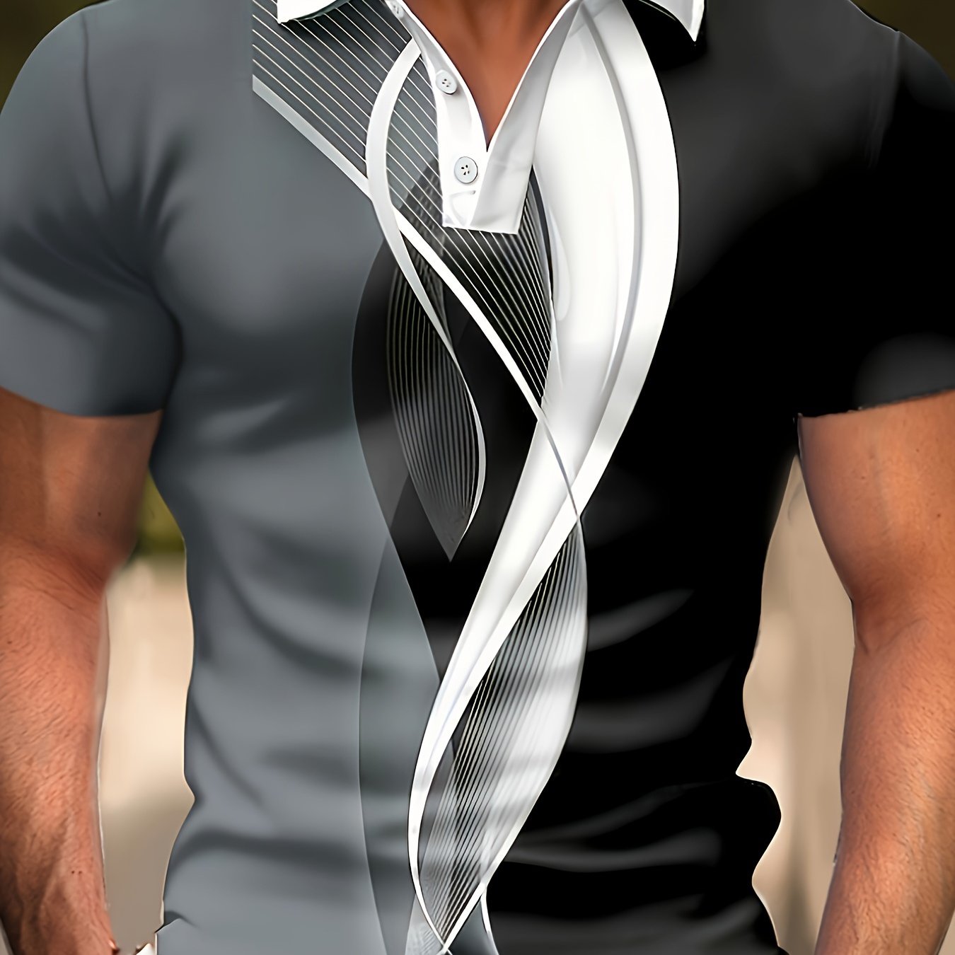 Image of Men's Short Sleeve Striped Shirt, 3d Top, Button-up Collar Outfit