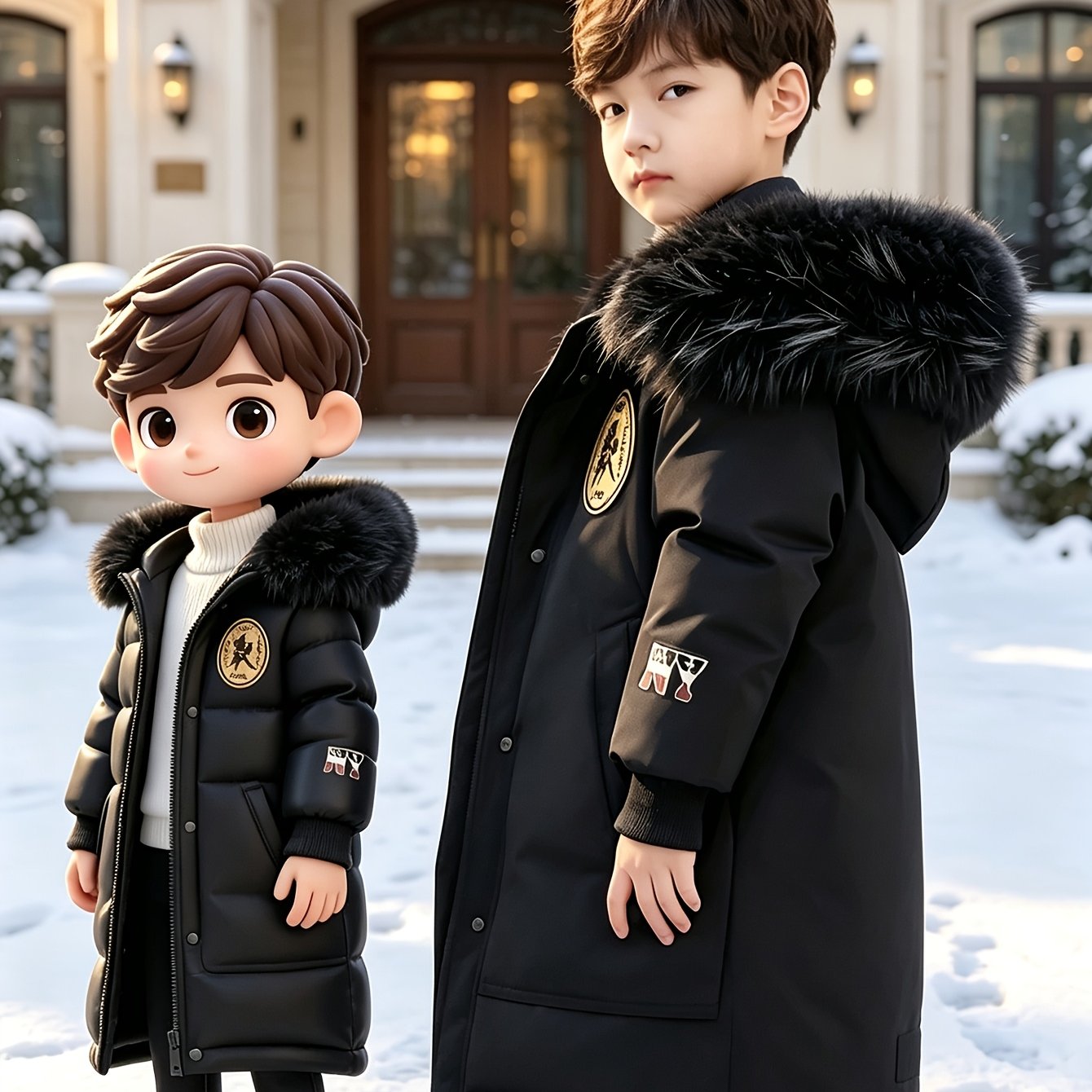 Image of Boys' Winter Long Hooded Thickened Coat, Children's Outdoor Parka Jacket, Long Style With Snap , Badge Embellishment Adds Trendy Feel, A Practical And Versatile Coat For Boys In Winter.