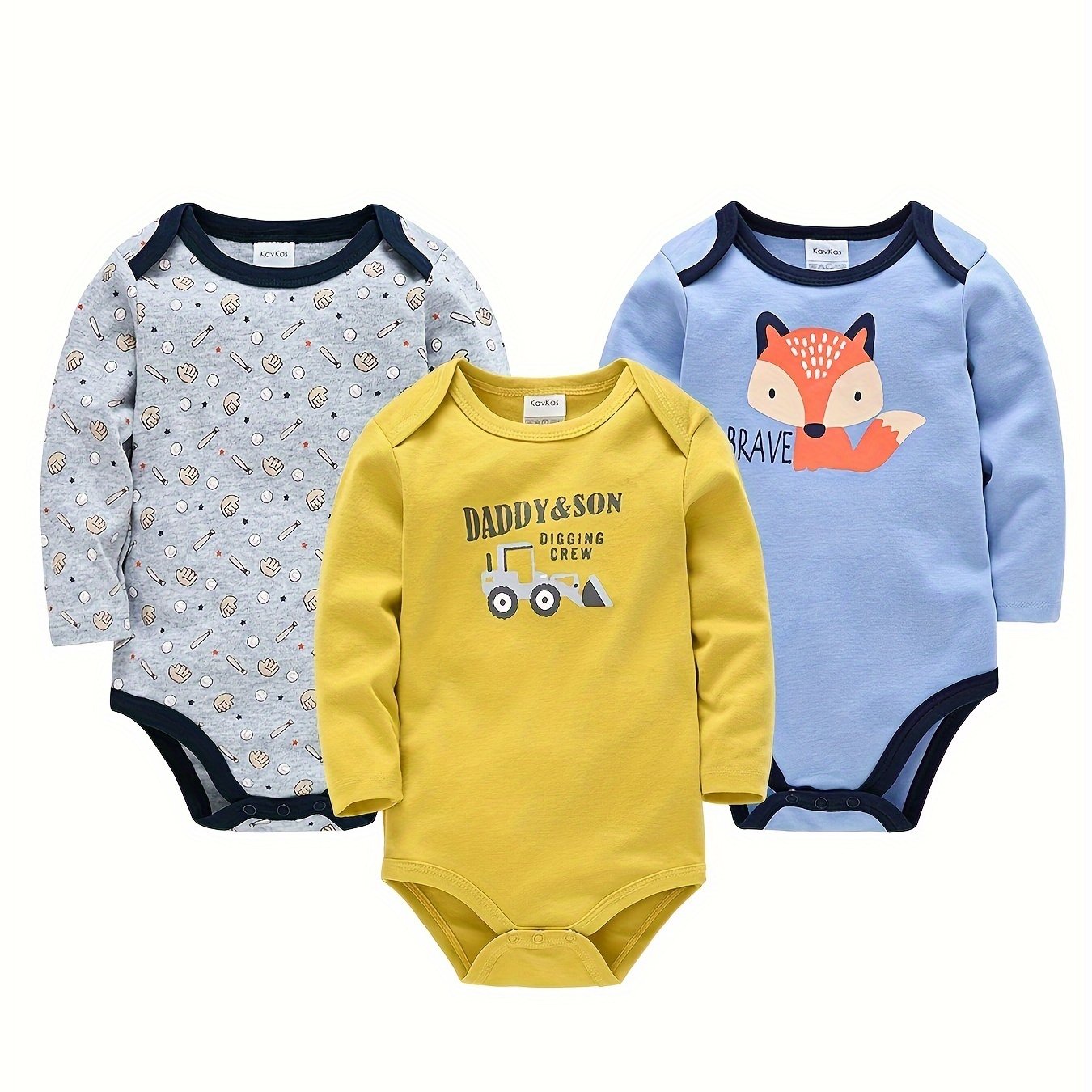 Image of 3pcs Cartoon Print Long-sleeve Triangle Bodysuit, For Outdoor