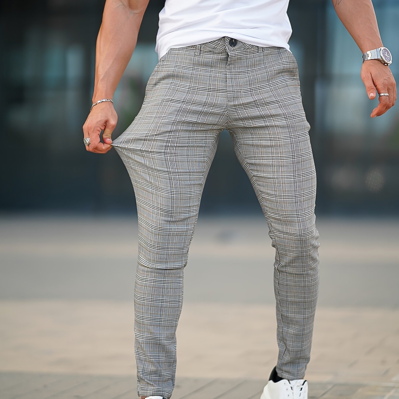 Image of Men's Plaid Pants With Pockets, Casual Breathable Slim Fit Trousers For Outdoor Activities, Daily Wear For
