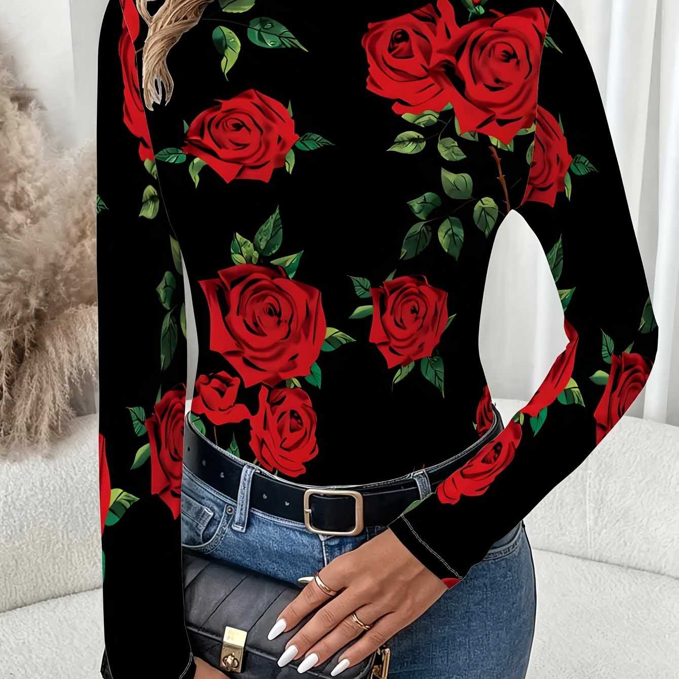 TEMU High-neck Long Sleeve Red Rose Print Slim Fit T-shirt, Temperament Versatile Long Sleeve Top