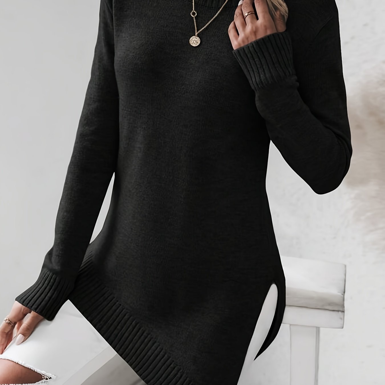 Directional Thin Asymmetric Hem Slit Pullover Sweater For Women