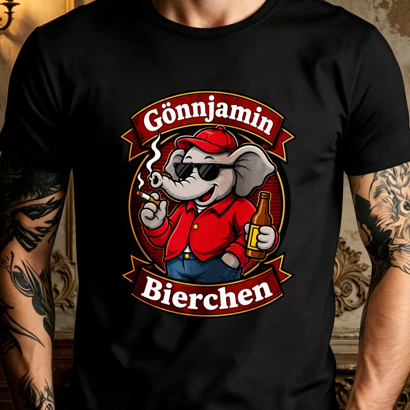 Vintage Gonnjamin Bierchen Elephant Beer Fan Cool Cartoon T-shirt Printed Tee Cute T-shirt Printed Tee Easy T Shirt