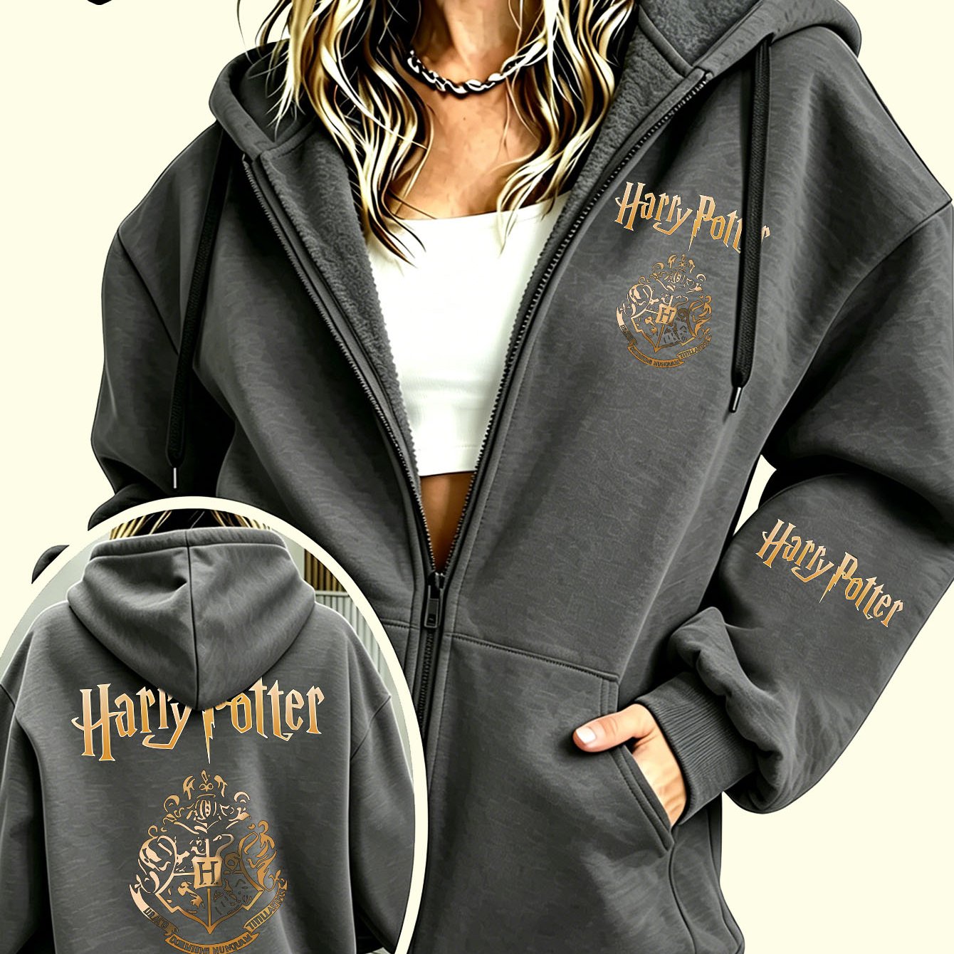 TEMU Harry Potter Hogwarts Print Front And Back Same Style Jacket, Double Sleeve Gothic Golden Harry Potter Letter Inner Thick Lamb Fleece Zipper