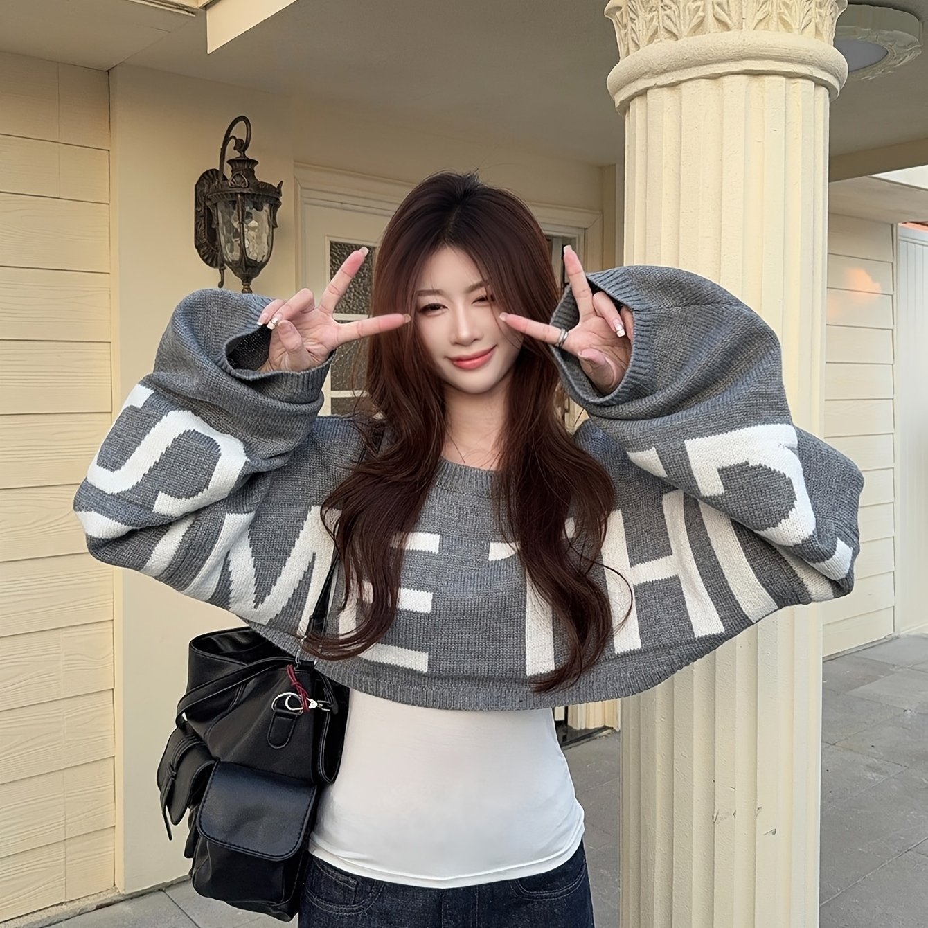 TEMU Korean-style Vintage Loose Fit Letter Print Cropped Cover-up For Women, Autumn Batwing Long Sleeve Loose Top