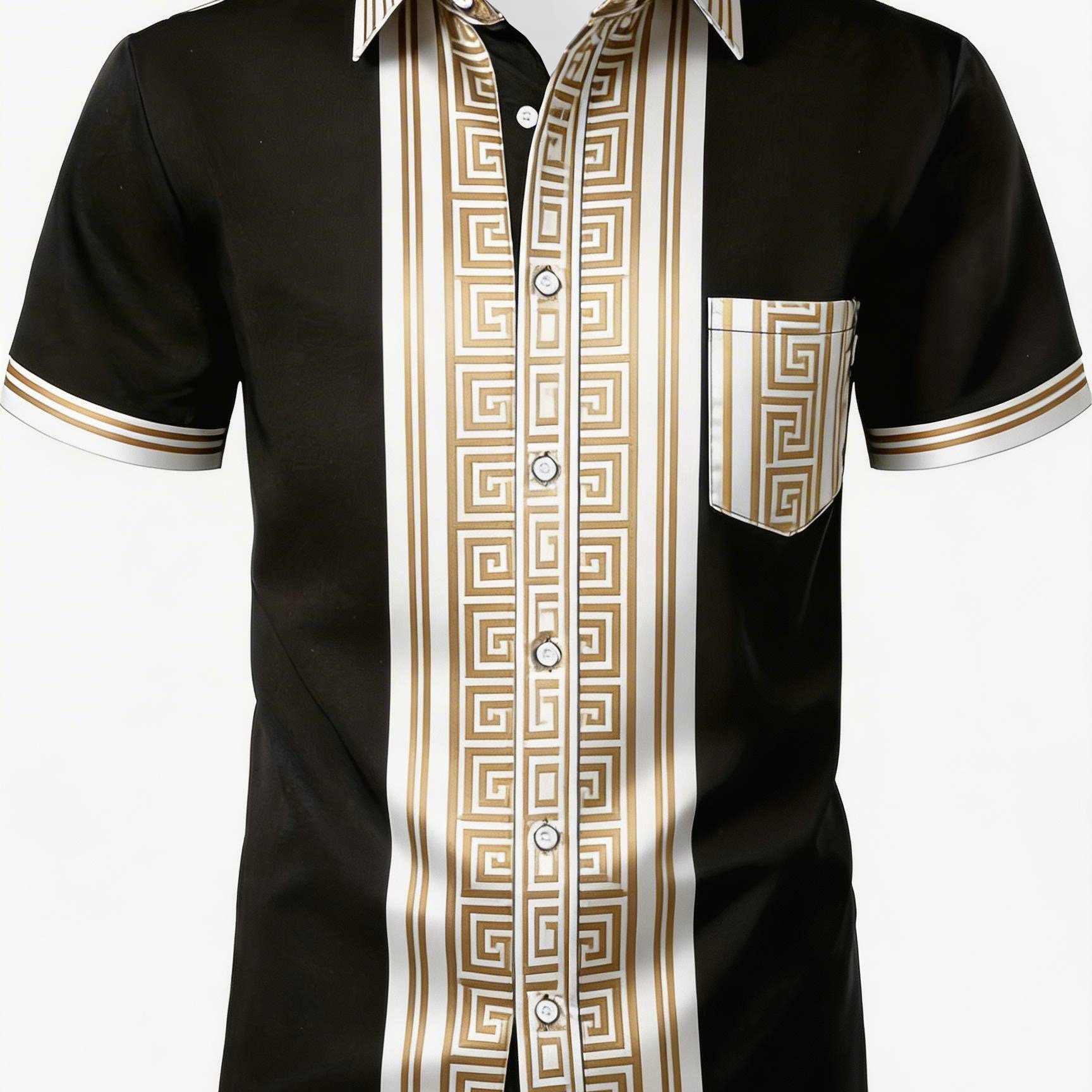 TEMU Plus Size Loose Black And Golden Short Sleeve Shirt, Men's Geometric Print Light Luxury Casual Shirt