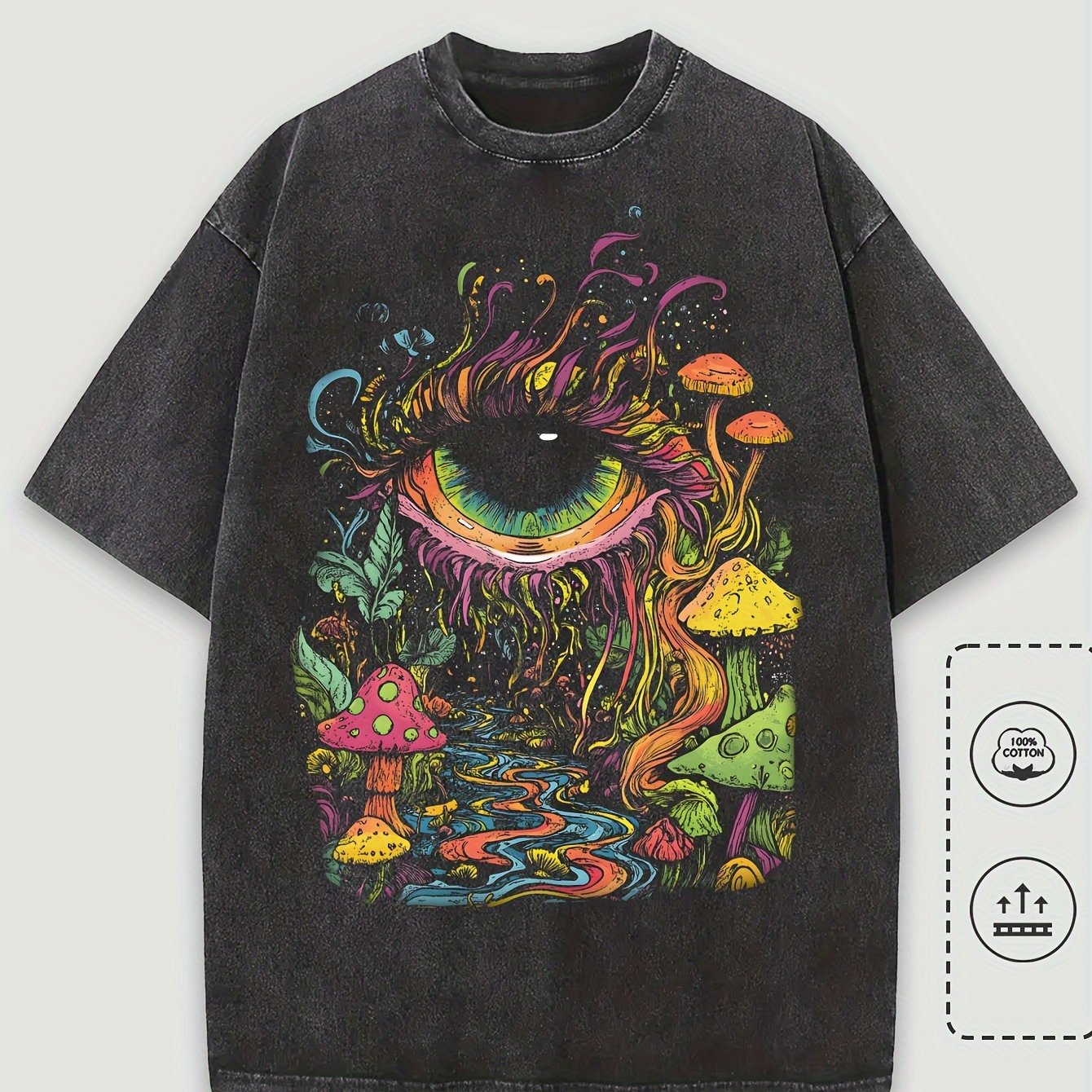 Men's Casual Crew Neck T-shirt, 100% Cotton Short Sleeve, And Eye Illustration Print, Loose Knit, Streetwear Style, Stretchy Fit, And Machine Washable.